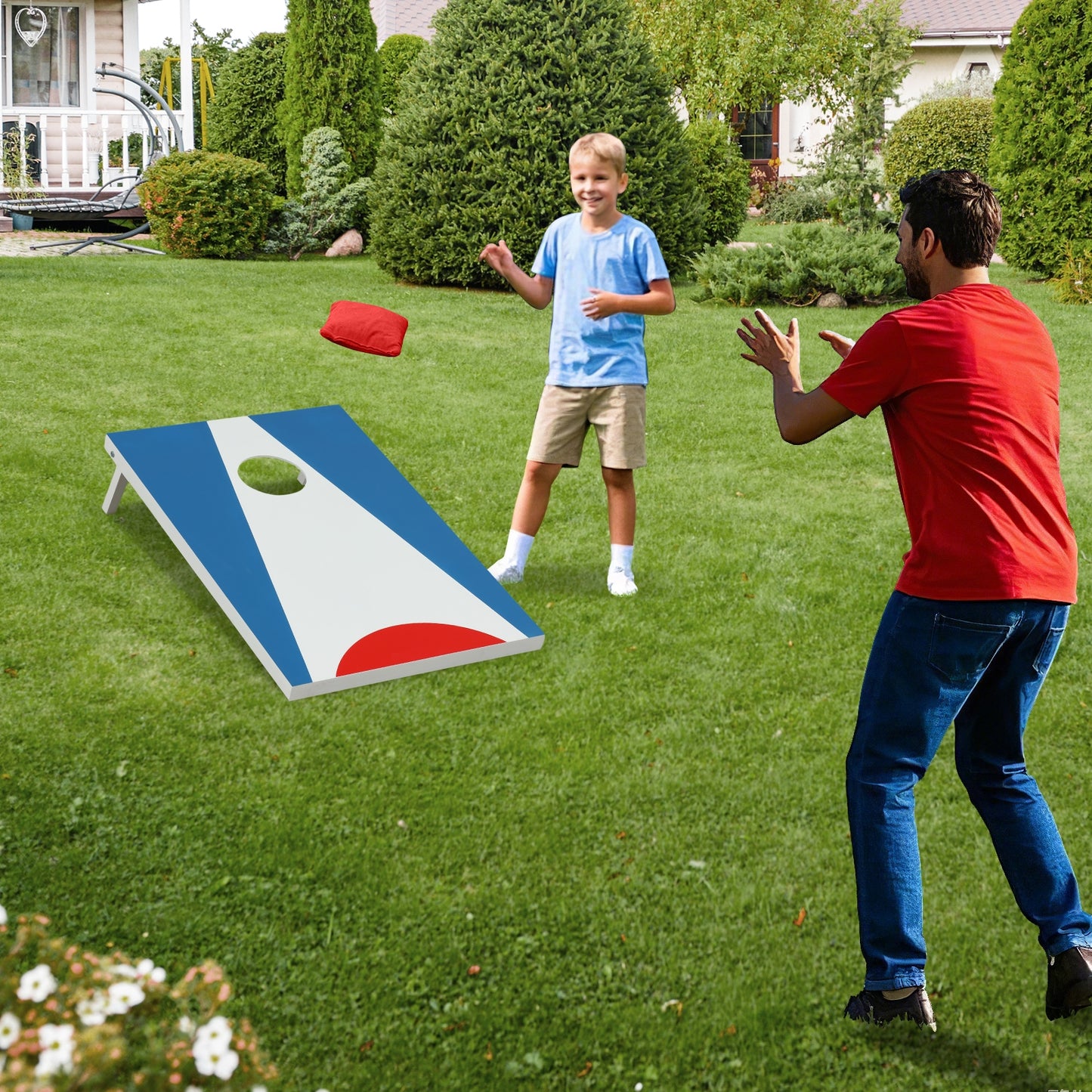 3 x 2FT Cornhole Board Set Portable Cornhole Board with Foldable Legs and Side Handle-Blue