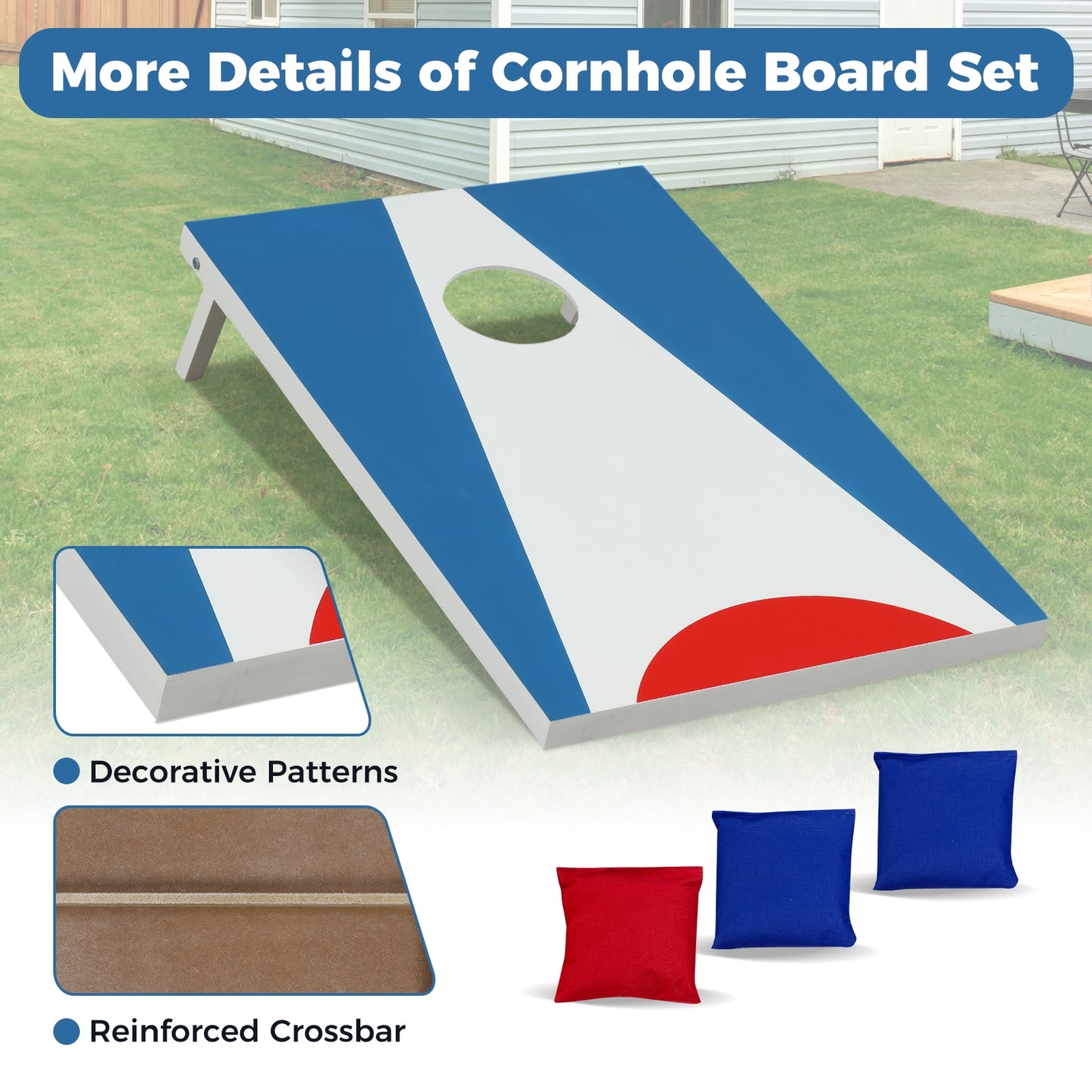 3 x 2FT Cornhole Board Set Portable Cornhole Board with Foldable Legs and Side Handle-Blue