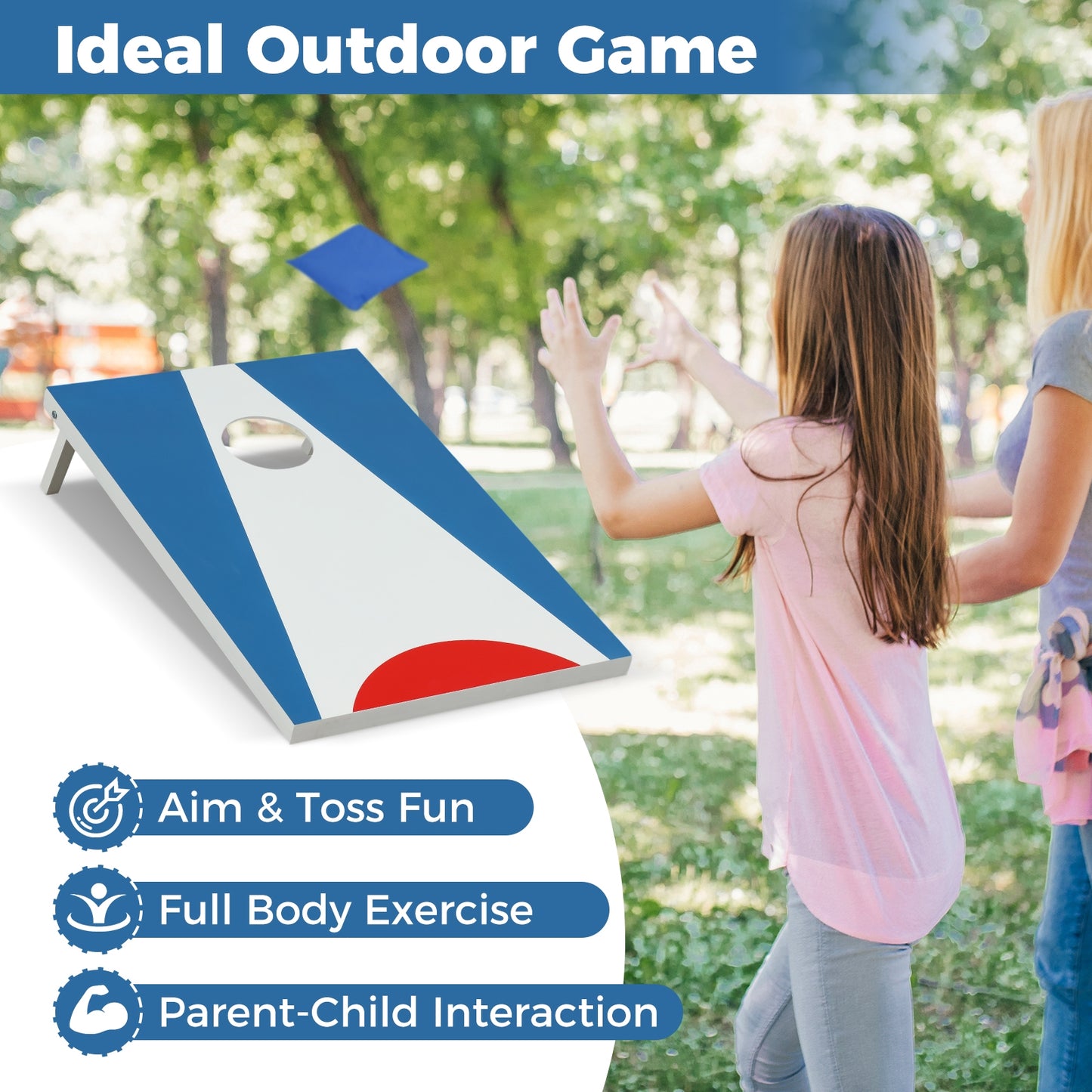 3 x 2FT Cornhole Board Set Portable Cornhole Board with Foldable Legs and Side Handle-Blue