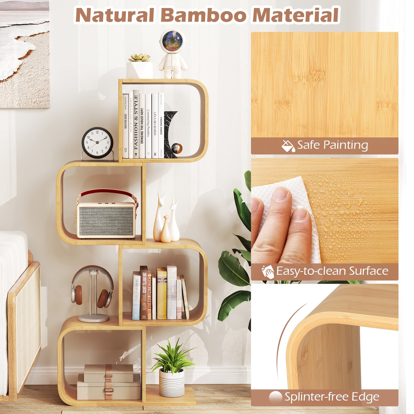 4-Tier S-Shaped Bamboo Bookcase with 4 Open Cubes for Living Room-Natural