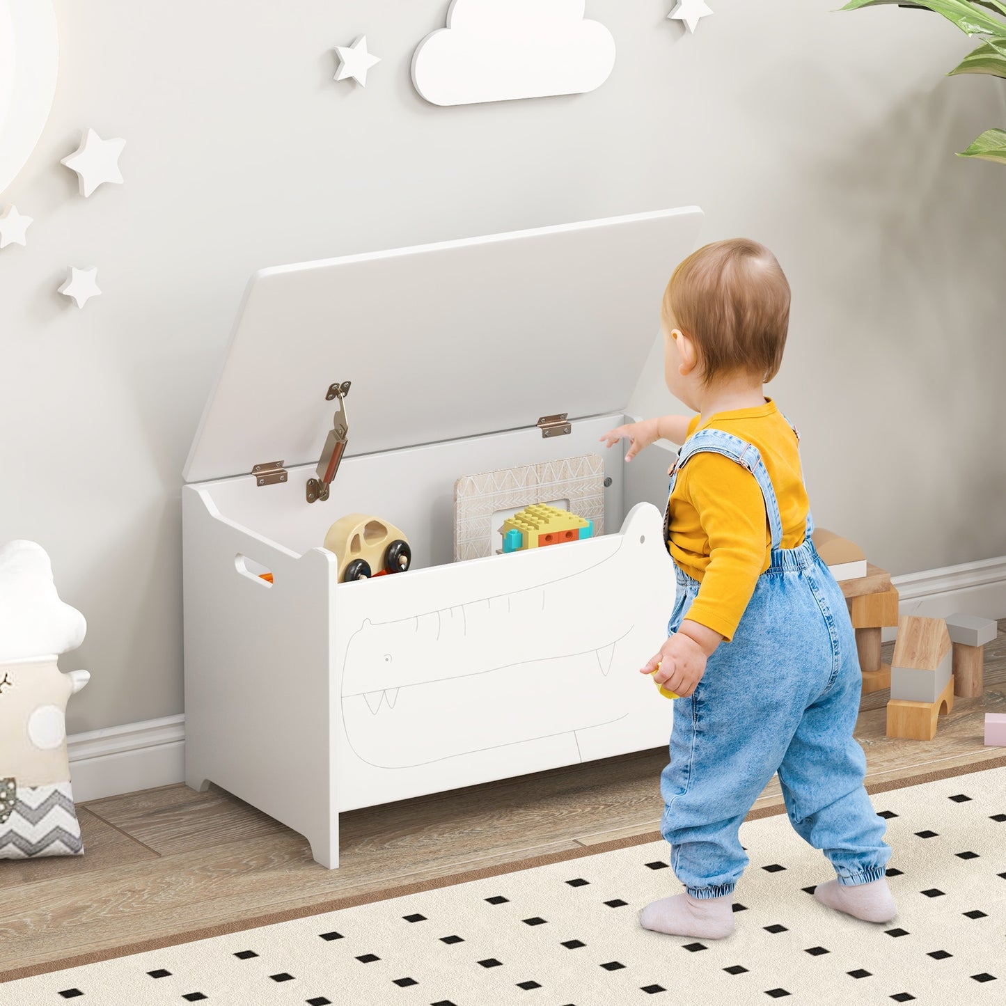 Wooden Kids Toy Box with Safety Hinge-White Kids Crystal