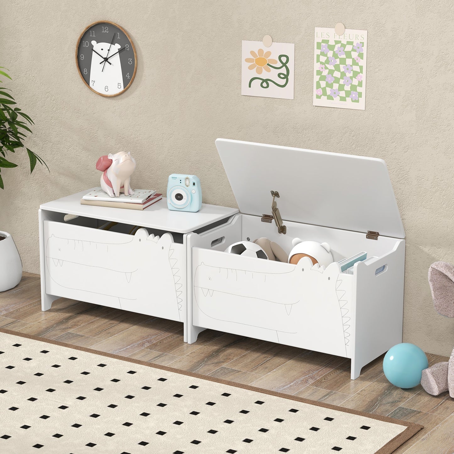 Wooden Kids Toy Box with Safety Hinge-White Kids Crystal