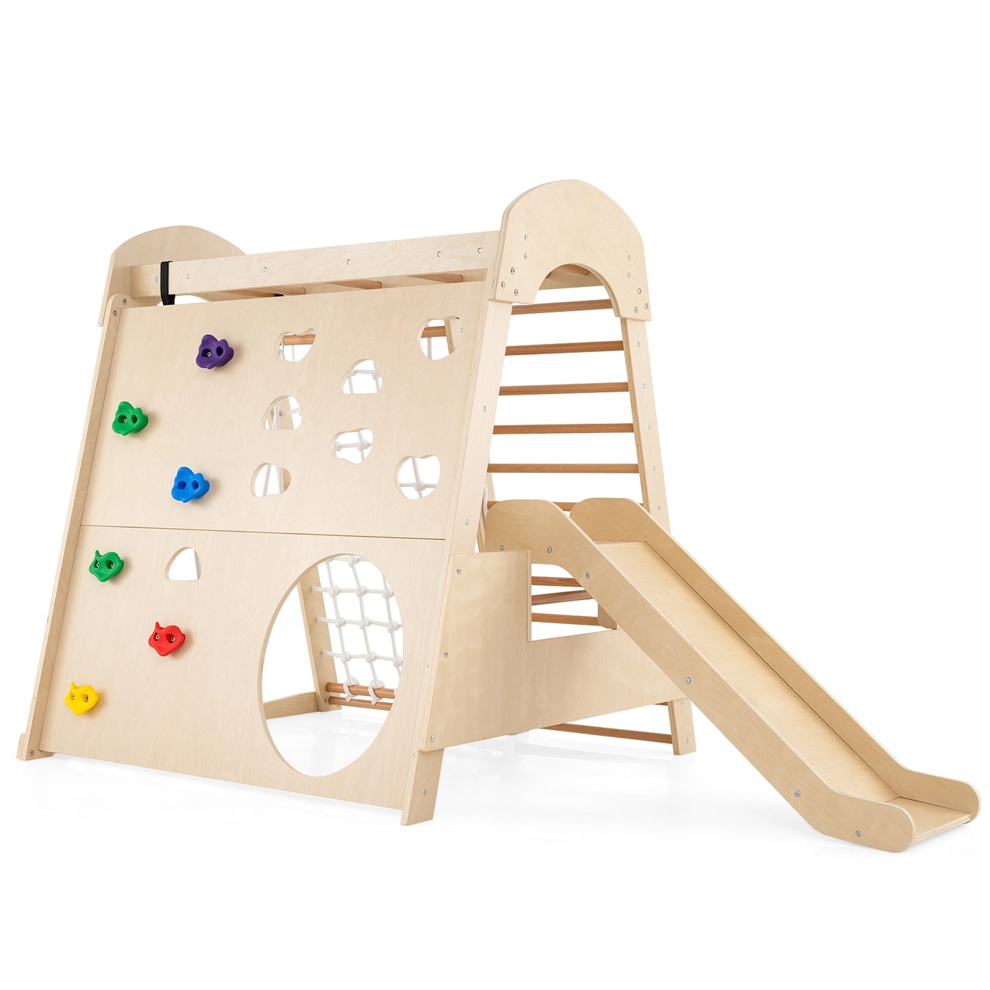 8-in-1 Indoor Jungle Gym Wooden Playground with Swing and Climbing Wall-Natural Kids Crystal