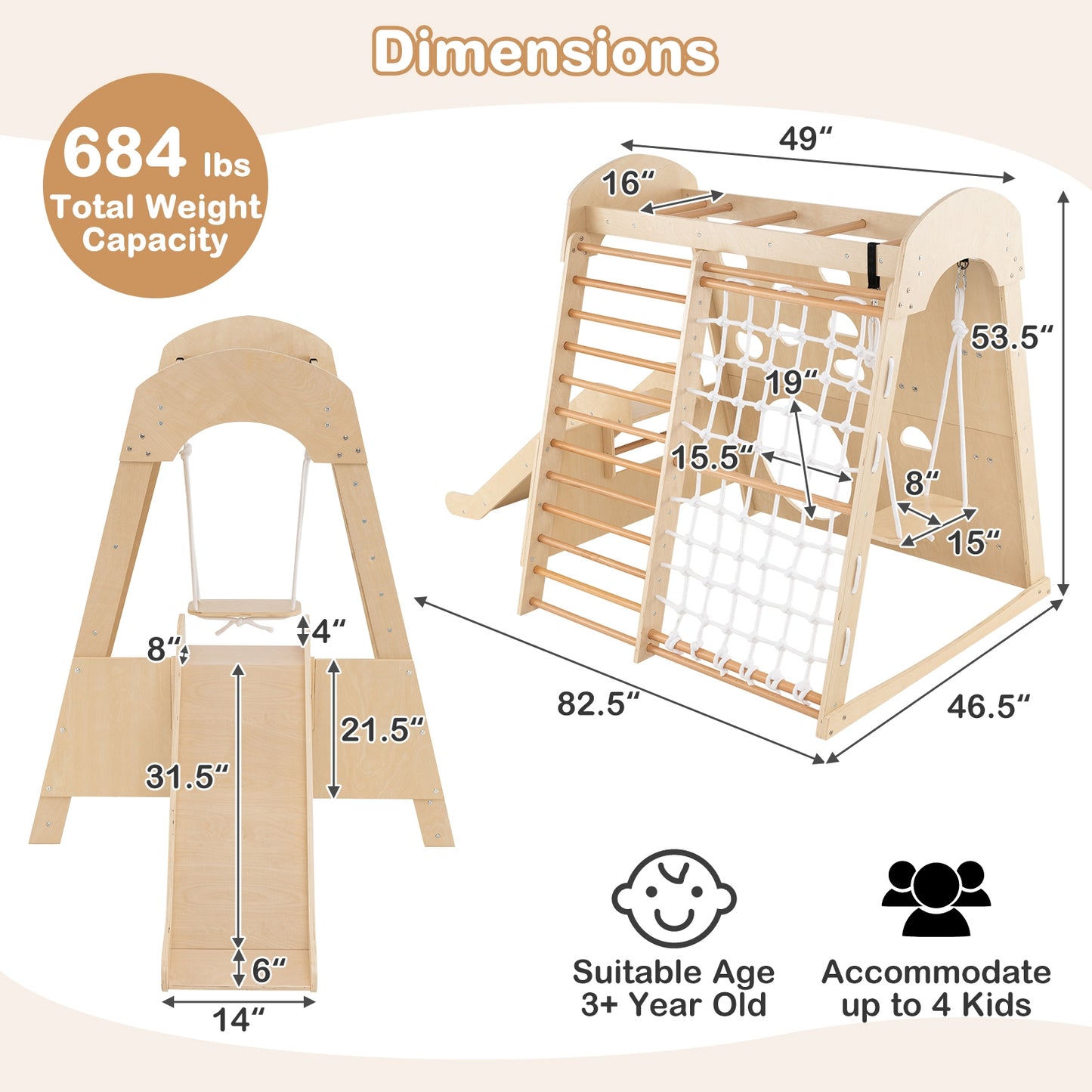 8-in-1 Indoor Jungle Gym Wooden Playground with Swing and Climbing Wall-Natural Kids Crystal