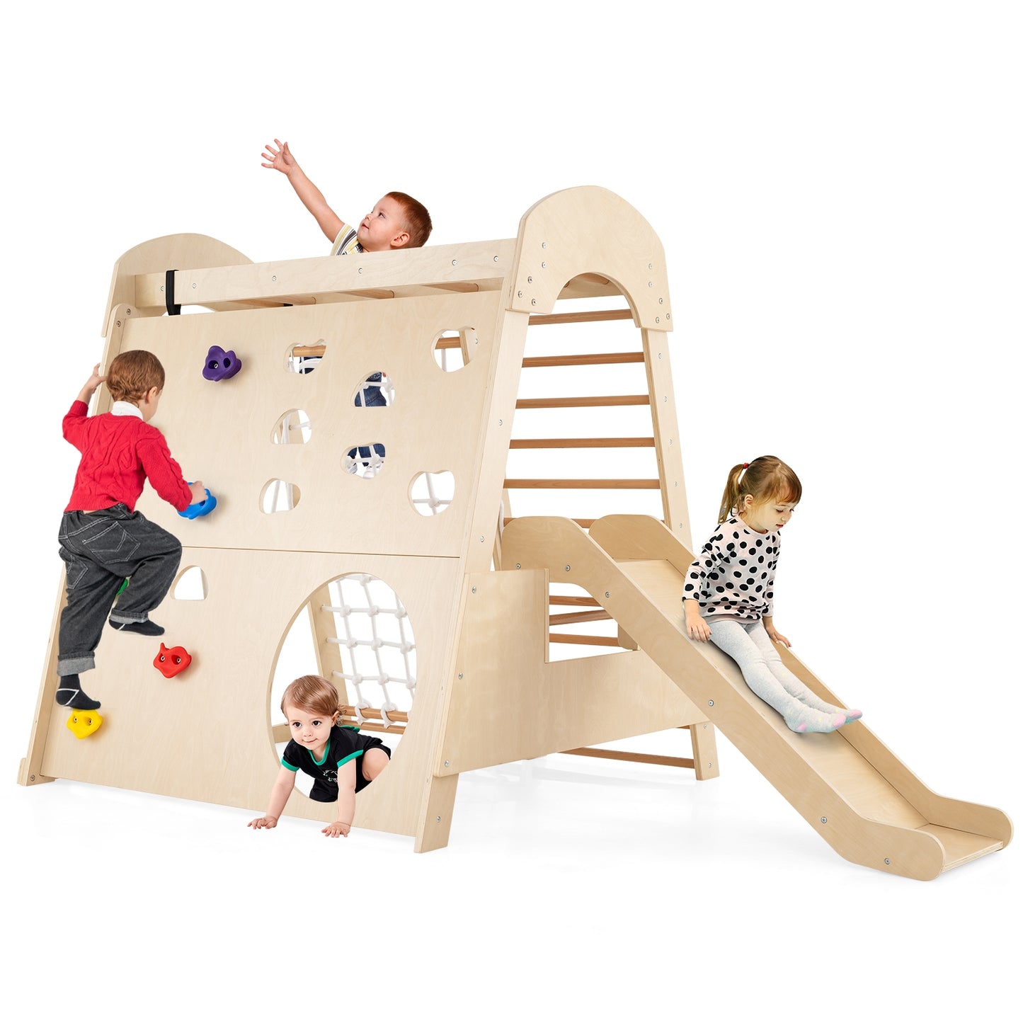 8-in-1 Indoor Jungle Gym Wooden Playground with Swing and Climbing Wall-Natural Kids Crystal