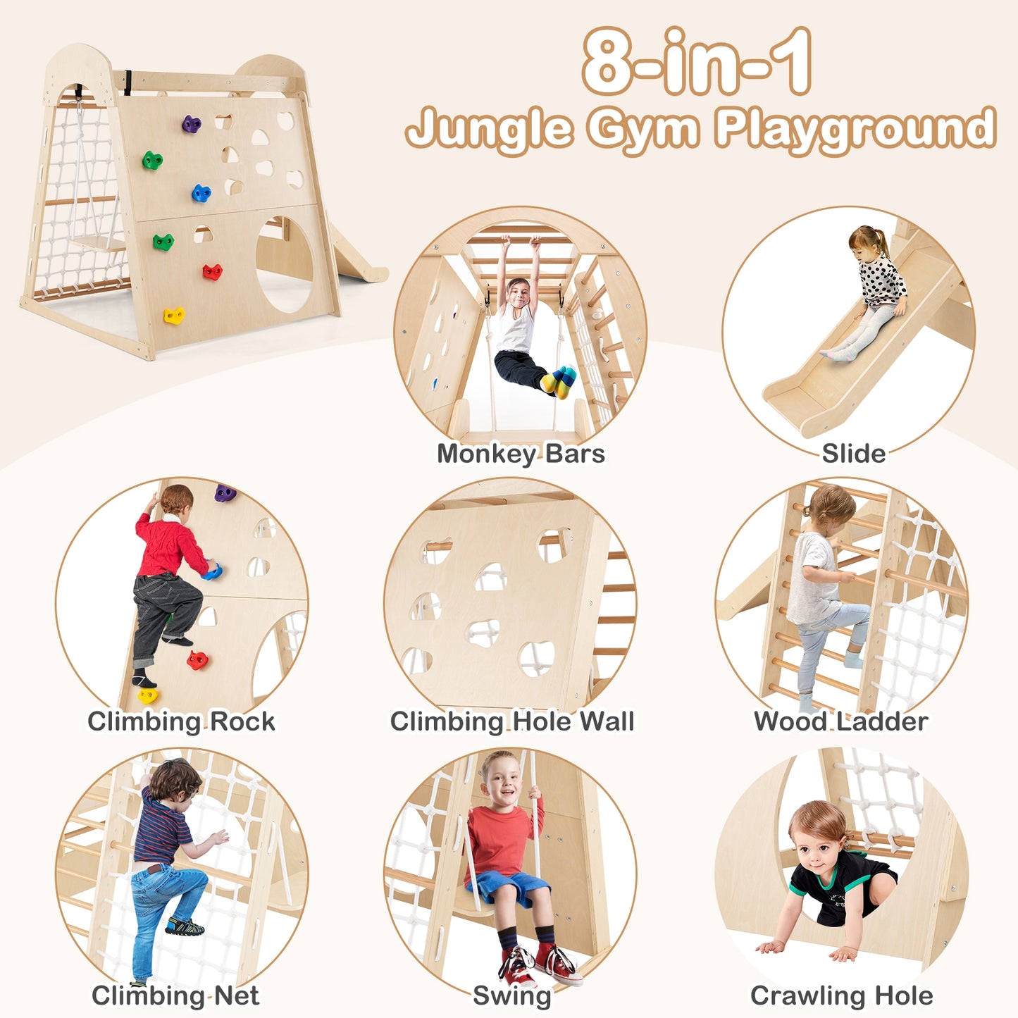 8-in-1 Indoor Jungle Gym Wooden Playground with Swing and Climbing Wall-Natural Kids Crystal