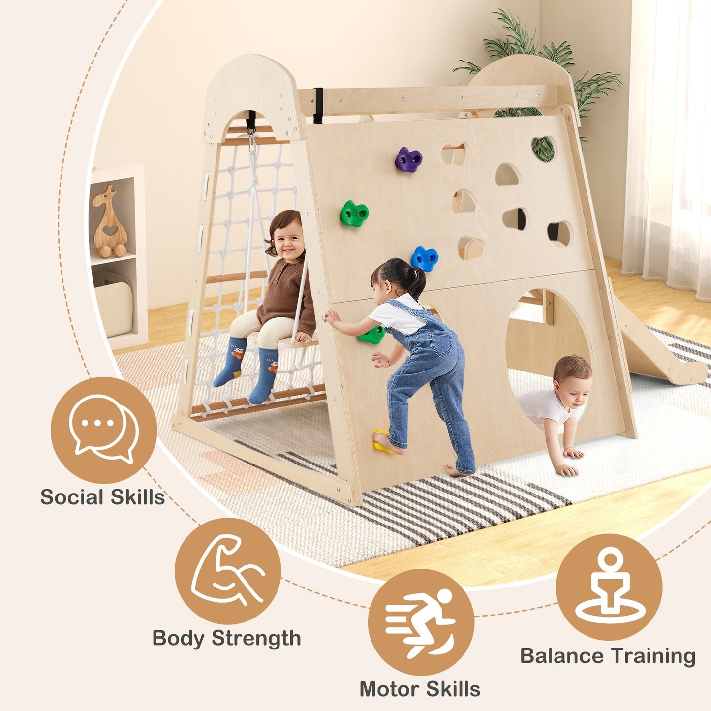 8-in-1 Indoor Jungle Gym Wooden Playground with Swing and Climbing Wall-Natural Kids Crystal