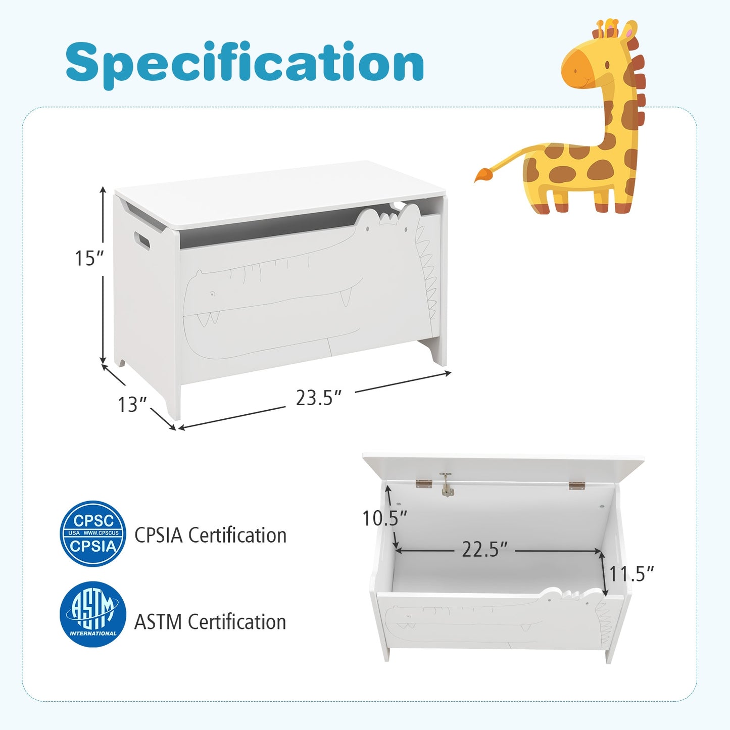 Wooden Kids Toy Box with Safety Hinge-White Kids Crystal