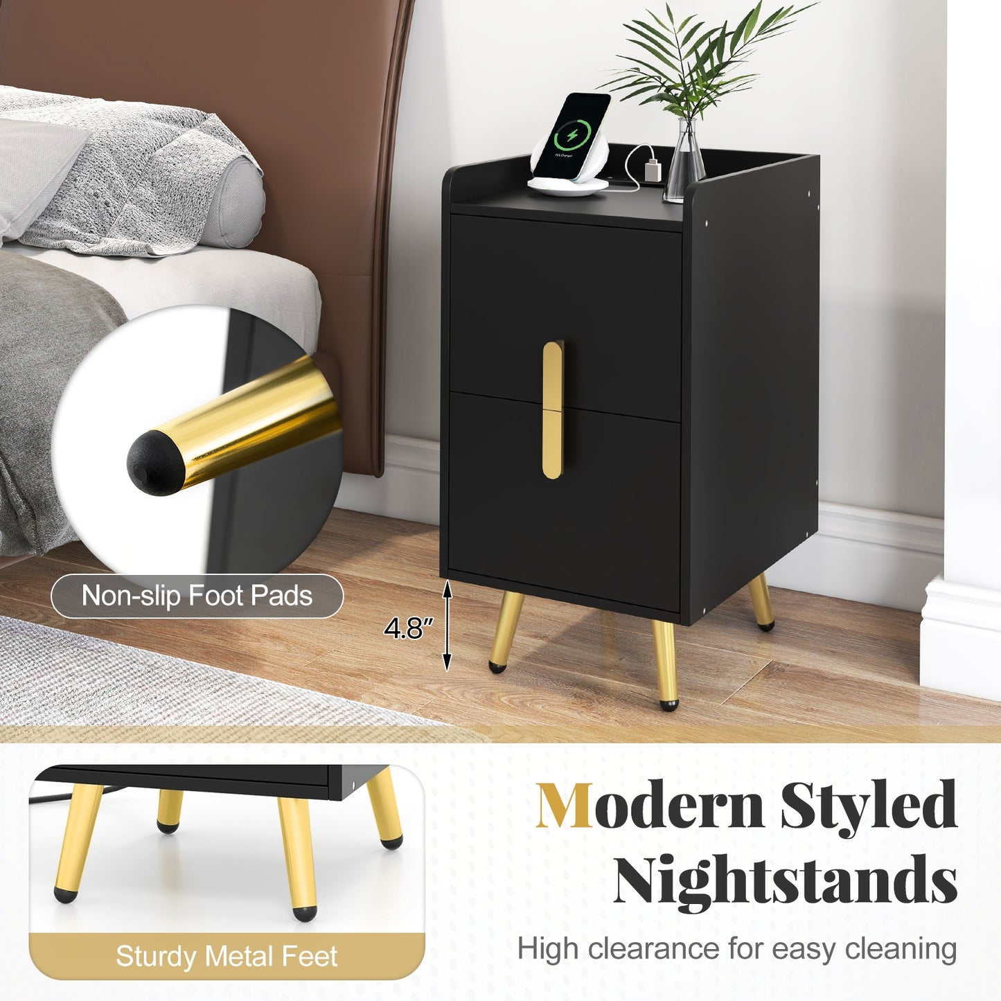 Nightstand Side Tables with 2 Drawers and 2 USB Ports-Black Kids Crystal