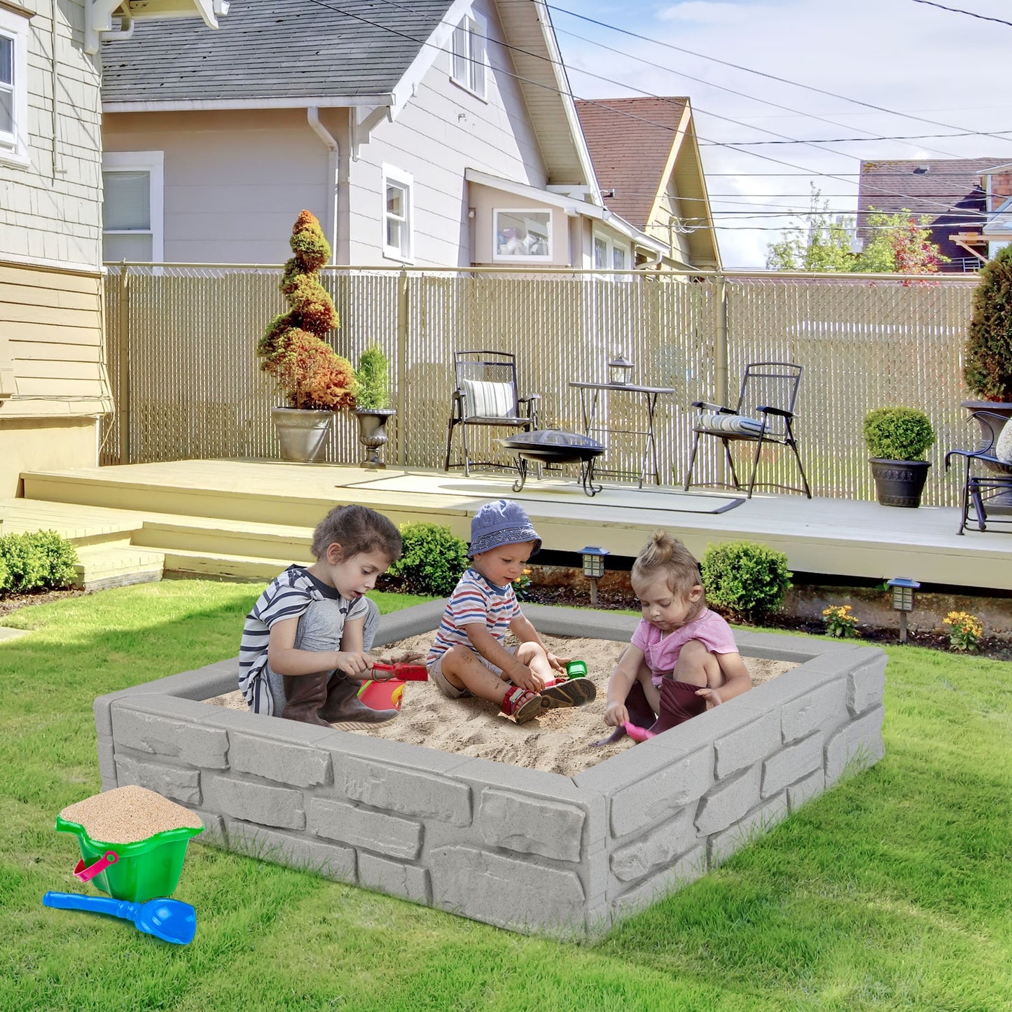 2-In-1 HDPE Kids Sandbox with Cover and Bottom Liner-Gray