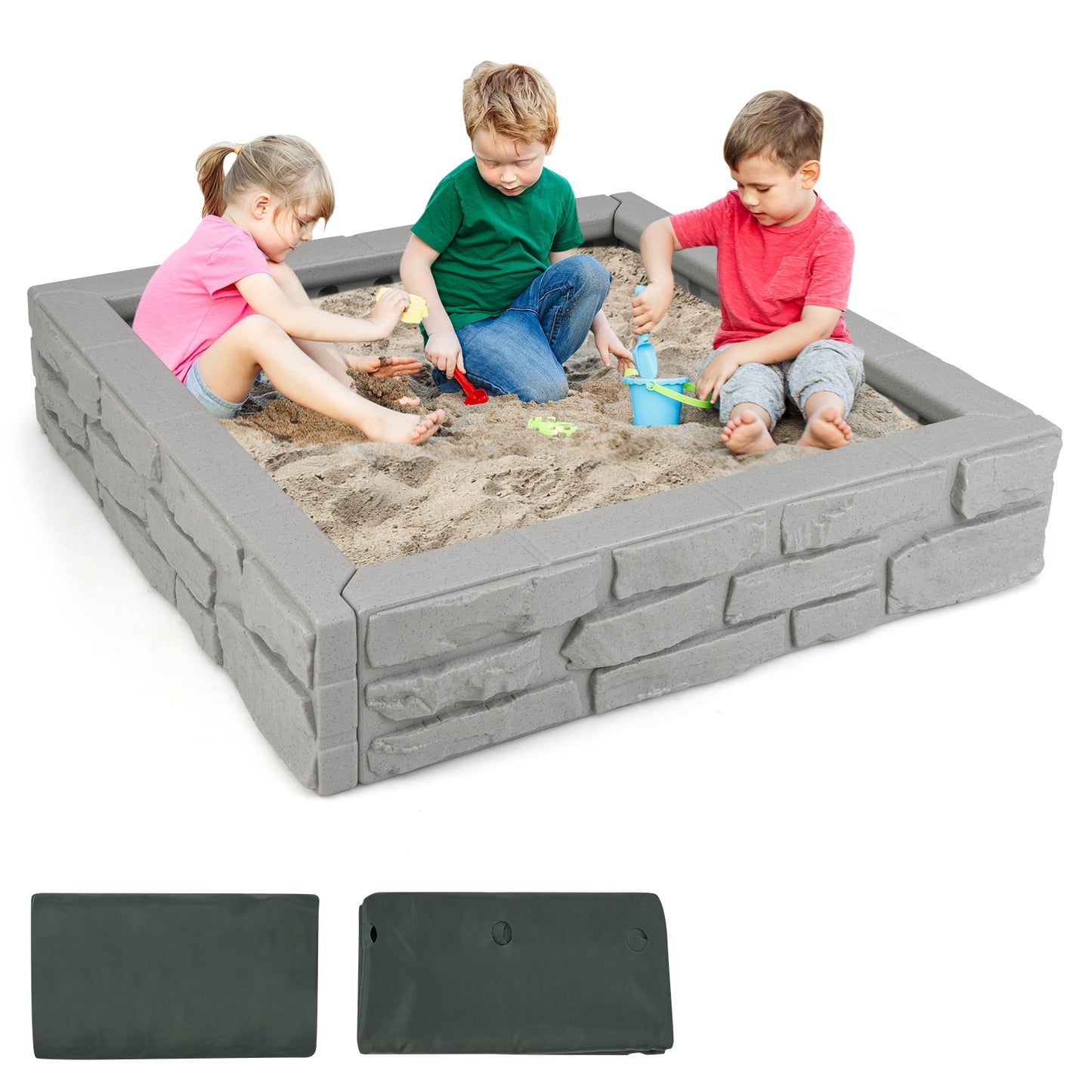 2-In-1 HDPE Kids Sandbox with Cover and Bottom Liner-Gray