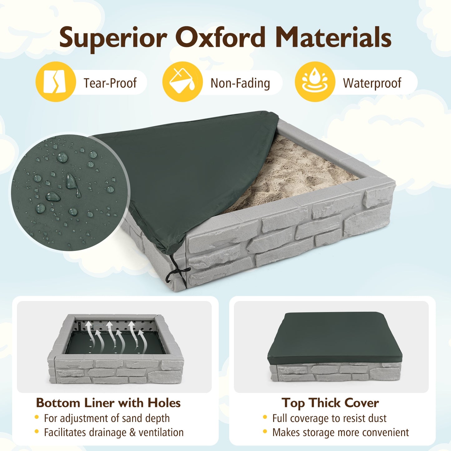 2-In-1 HDPE Kids Sandbox with Cover and Bottom Liner-Gray