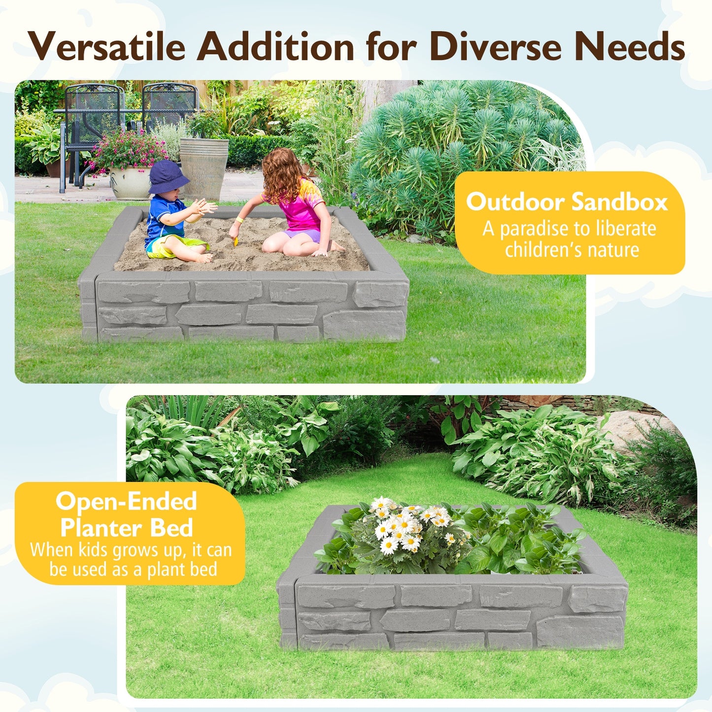 2-In-1 HDPE Kids Sandbox with Cover and Bottom Liner-Gray