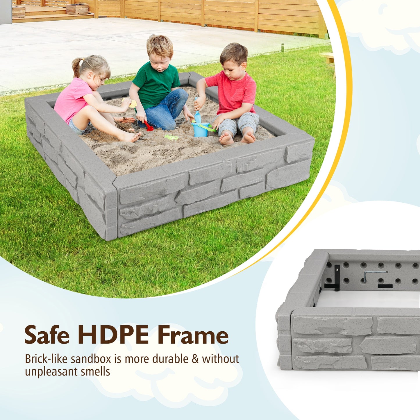 2-In-1 HDPE Kids Sandbox with Cover and Bottom Liner-Gray