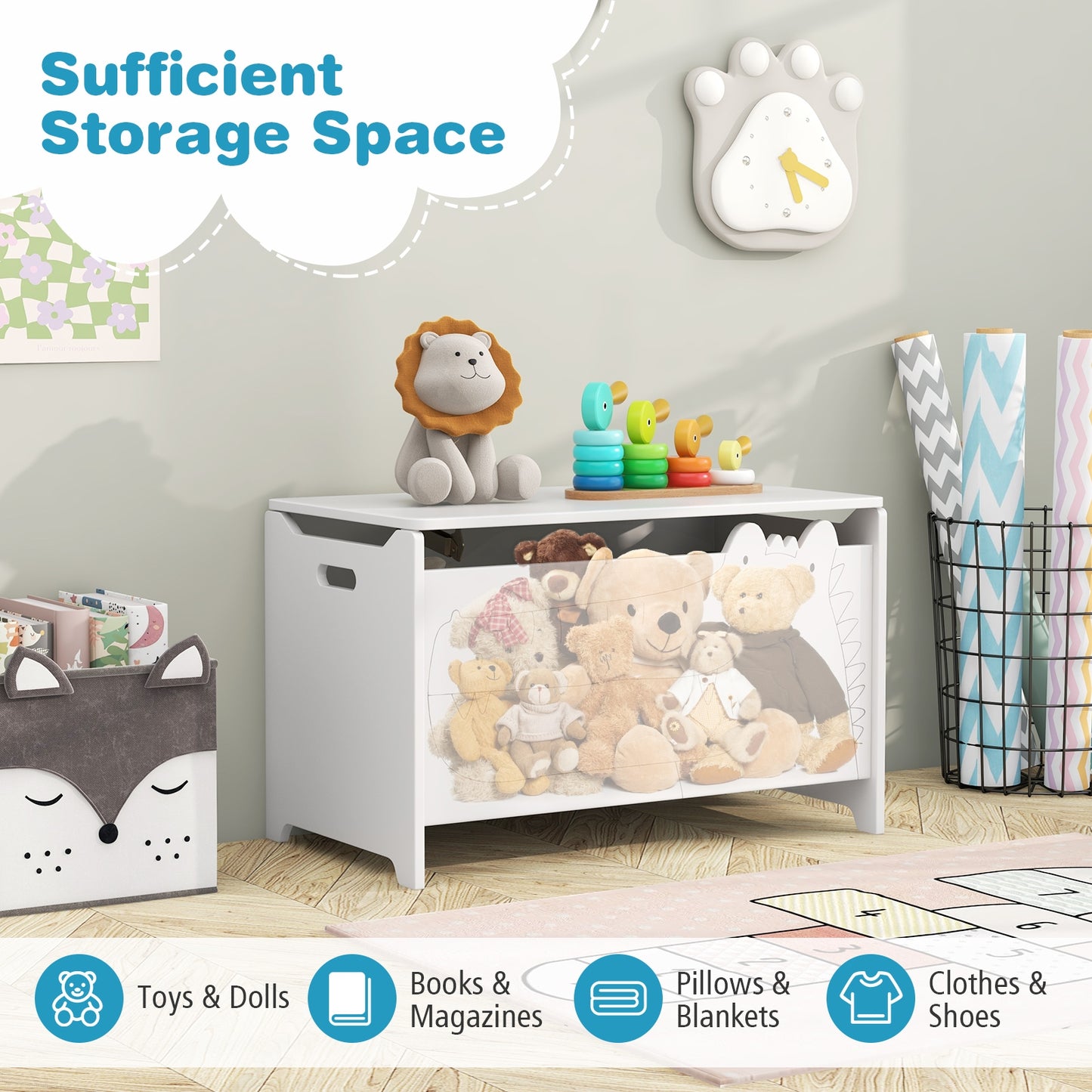Wooden Kids Toy Box with Safety Hinge-White Kids Crystal