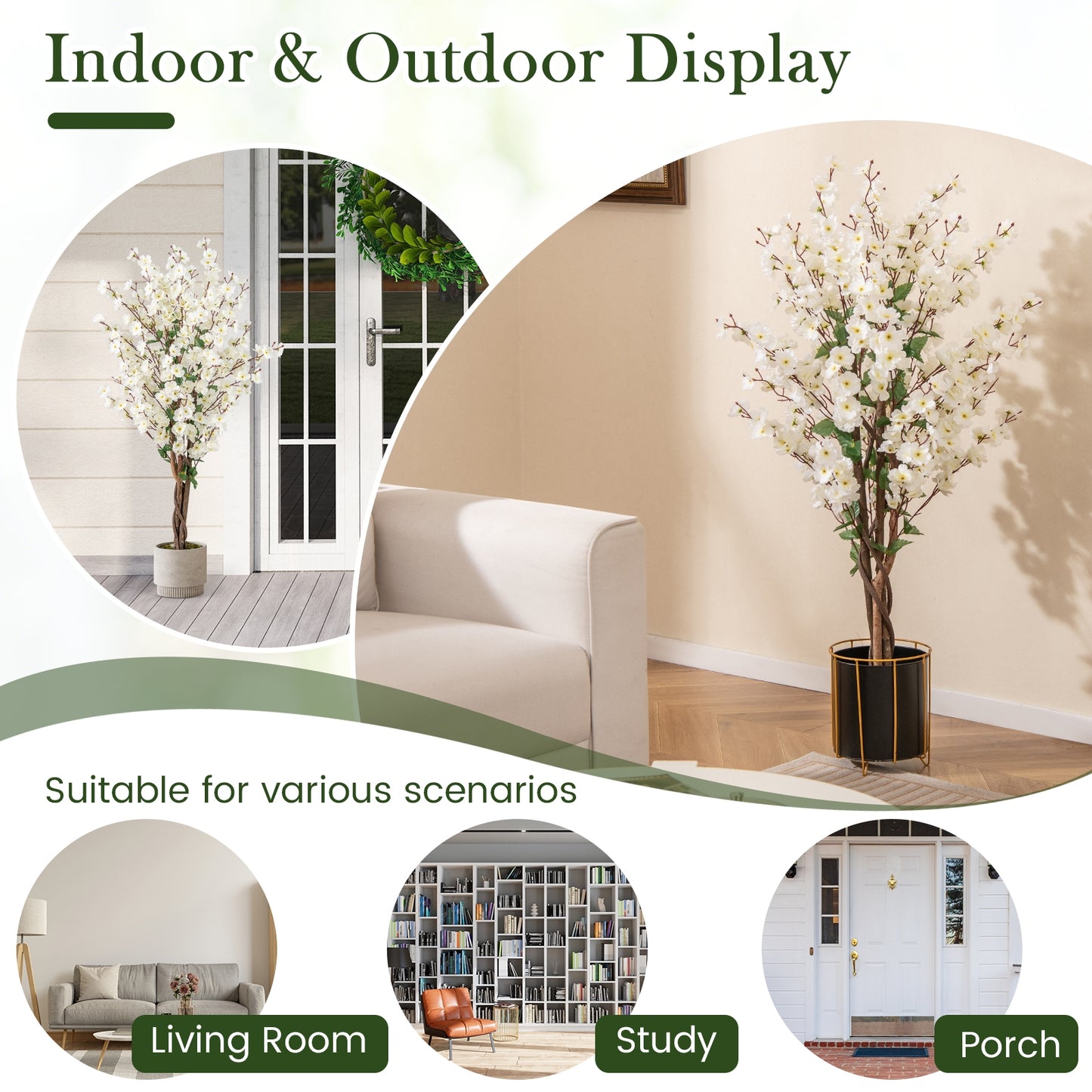 Faux Plum Blossom Plant with White Fabric Flower and Solid Wood Trunk-White Kids Crystal