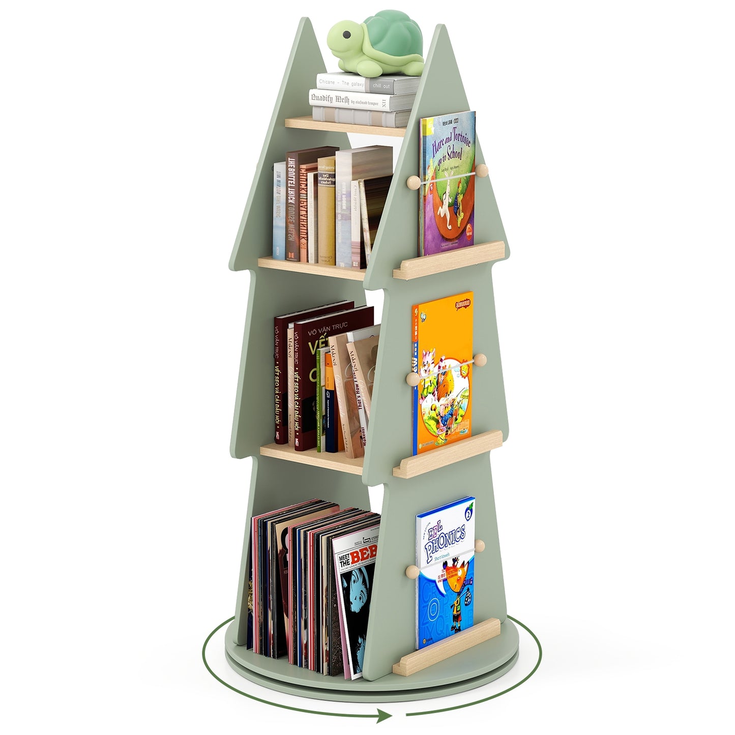 4 Tier Tree Shape Kids Rotating Bookshelf 360° Display Rack Storage Organizer-Green Kids Crystal