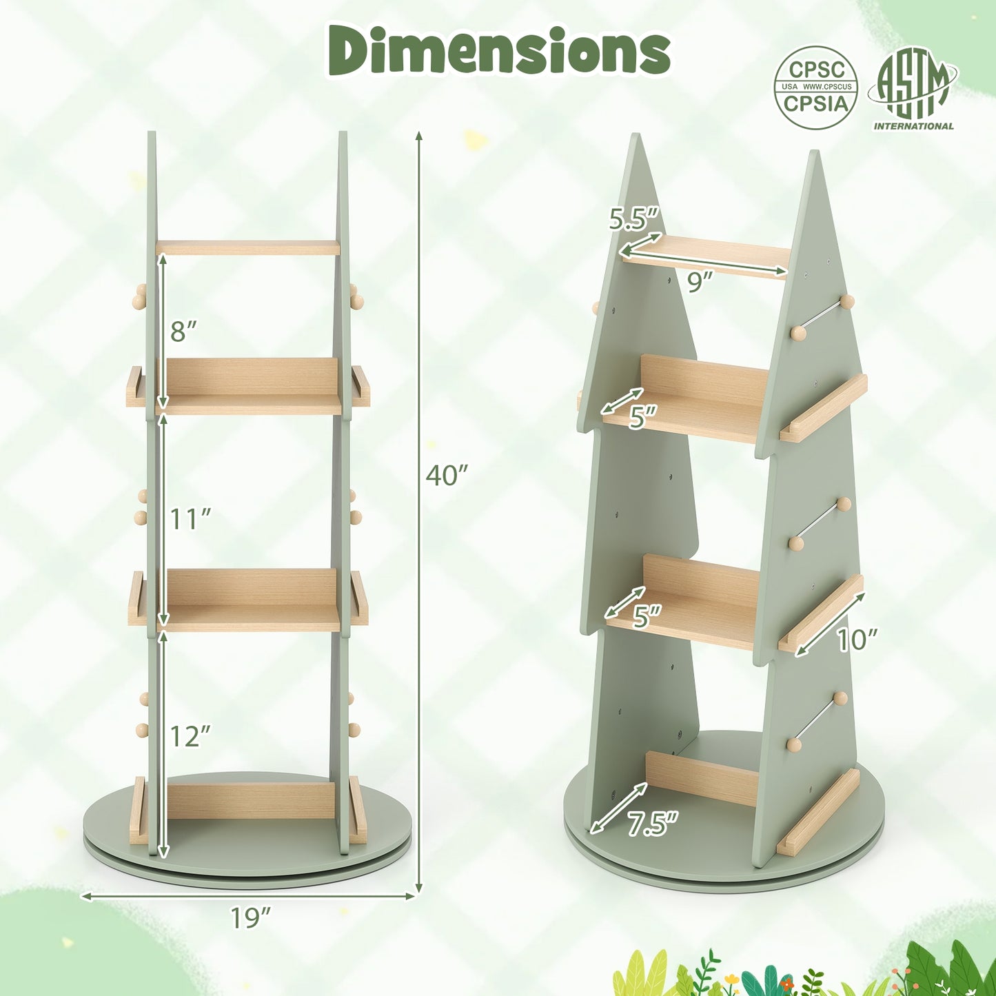 4 Tier Tree Shape Kids Rotating Bookshelf 360° Display Rack Storage Organizer-Green Kids Crystal