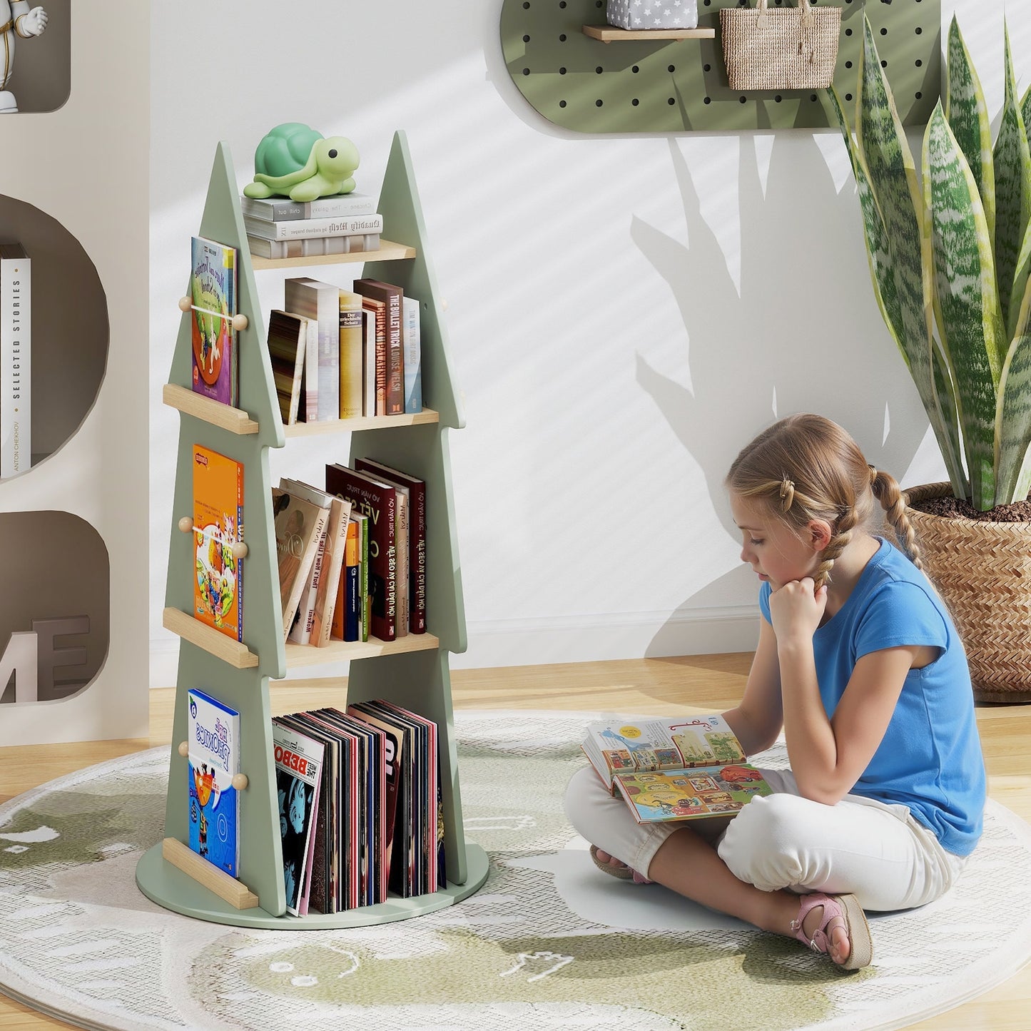 4 Tier Tree Shape Kids Rotating Bookshelf 360° Display Rack Storage Organizer-Green Kids Crystal