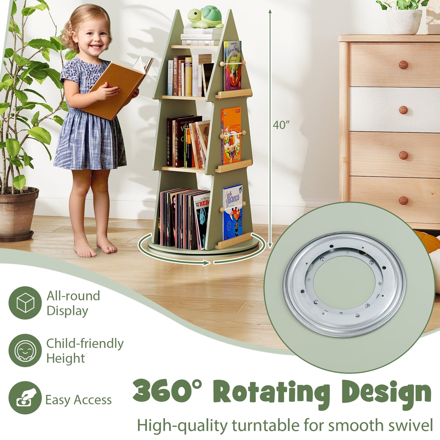 4 Tier Tree Shape Kids Rotating Bookshelf 360° Display Rack Storage Organizer-Green Kids Crystal