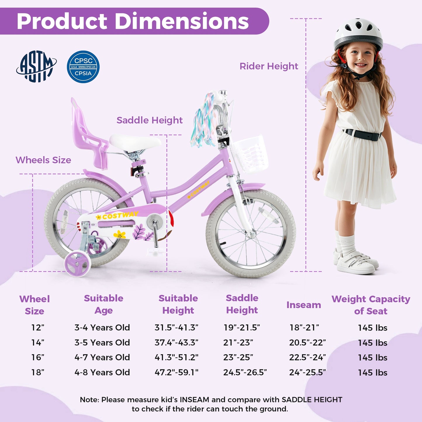 16 Inches Girls Bike Kids Bicycle with Doll Seat and Streamers for Children 4-7 Years Old Kids Crystal