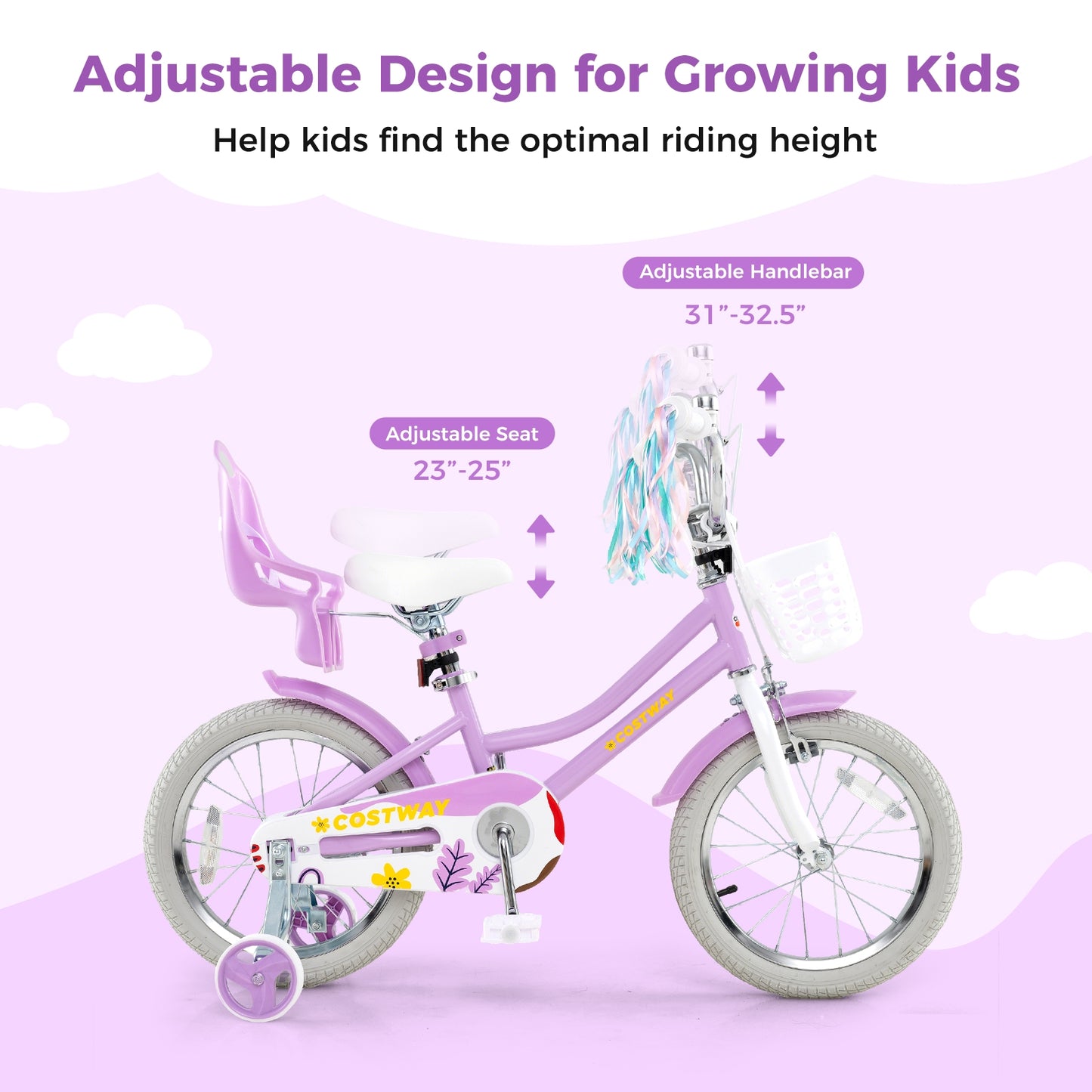 16 Inches Girls Bike Kids Bicycle with Doll Seat and Streamers for Children 4-7 Years Old Kids Crystal