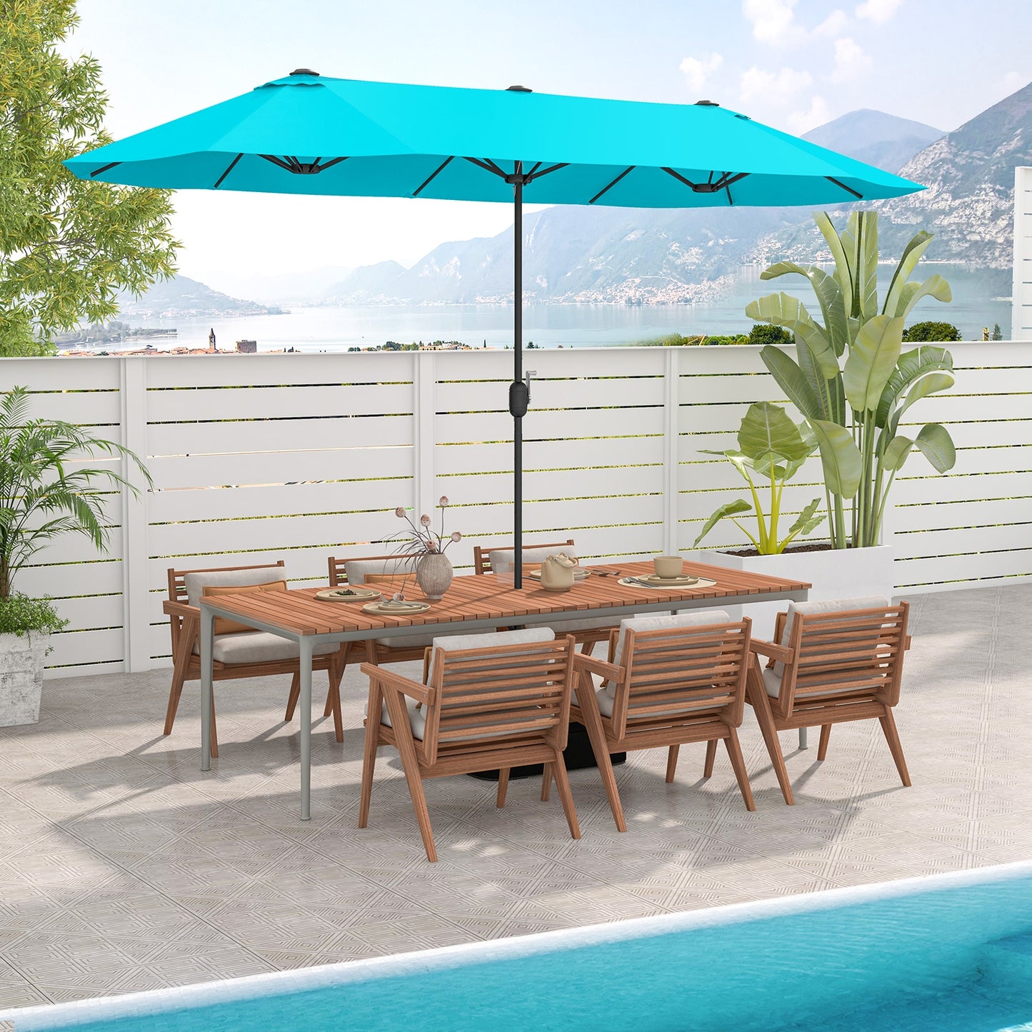 13 Feet Double-Sided Patio Twin Table Umbrella with Crank Handle-Turquoise Kids Crystal