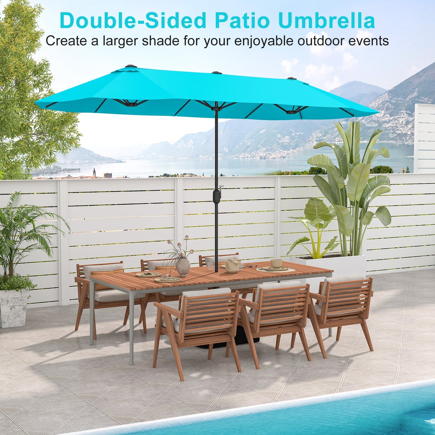 13 Feet Double-Sided Patio Twin Table Umbrella with Crank Handle-Turquoise Kids Crystal