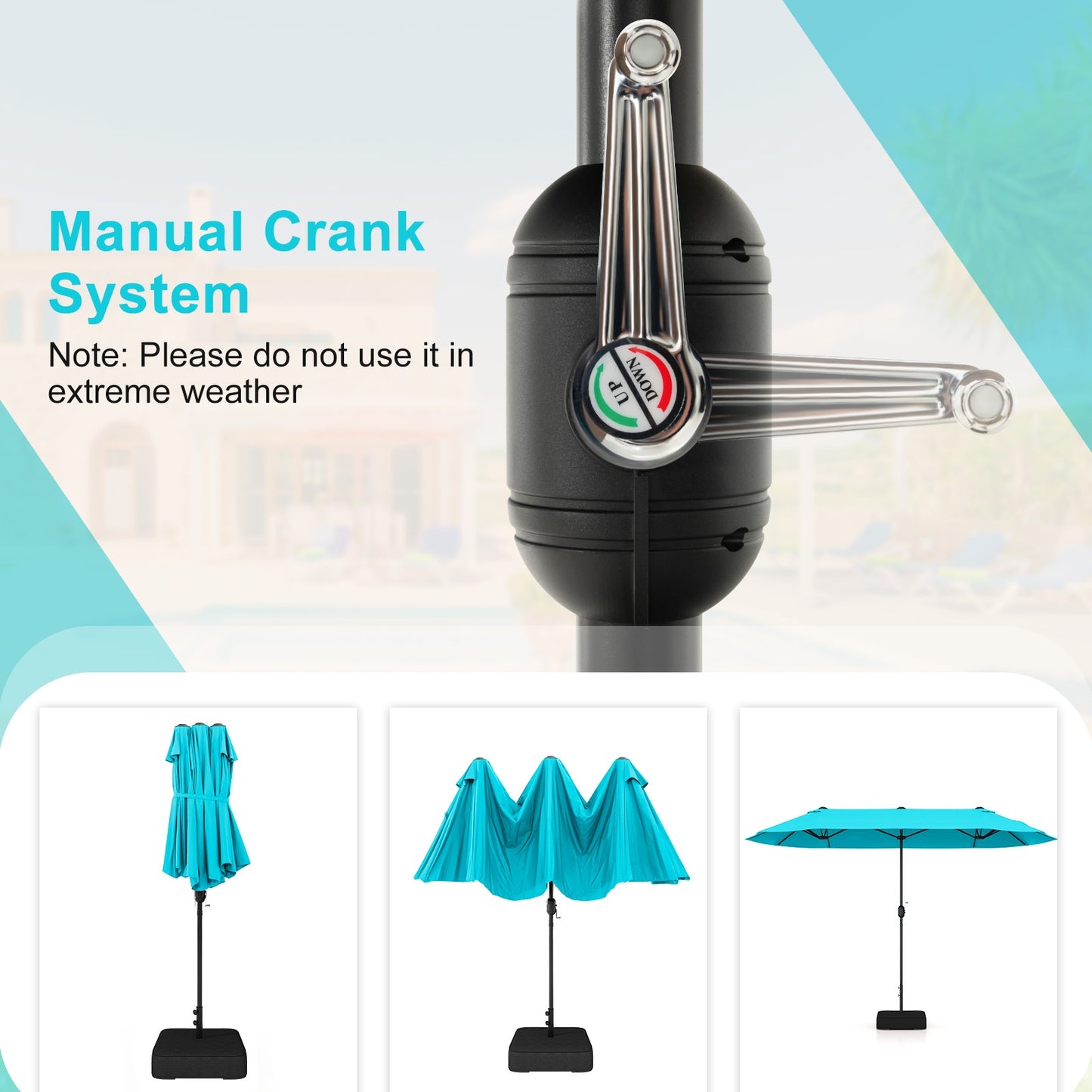 13 Feet Double-Sided Patio Twin Table Umbrella with Crank Handle-Turquoise Kids Crystal