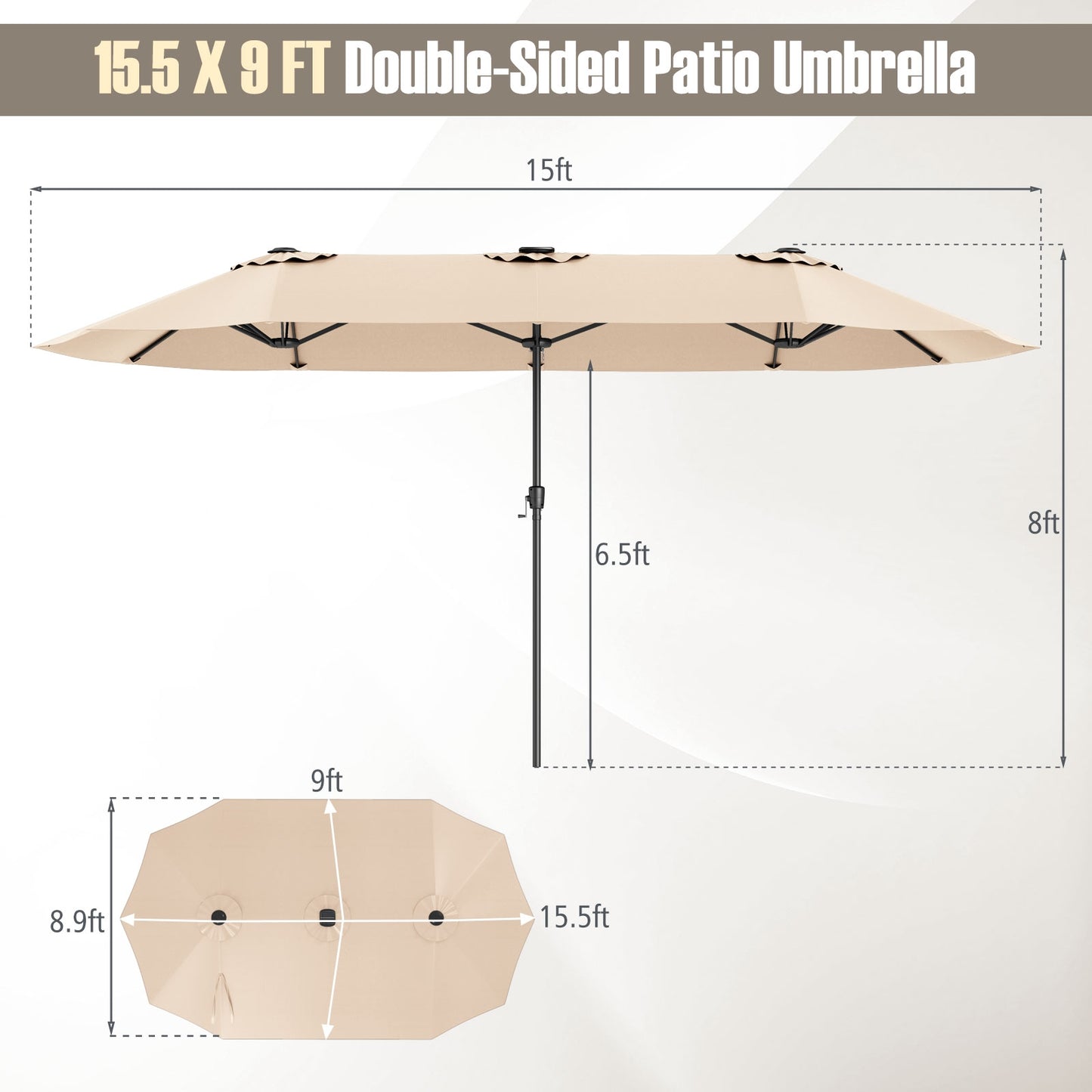 15.5 FT Extra-Large Patio Umbrella with LED Solar Lights and Crank Handle-Beige Kids Crystal