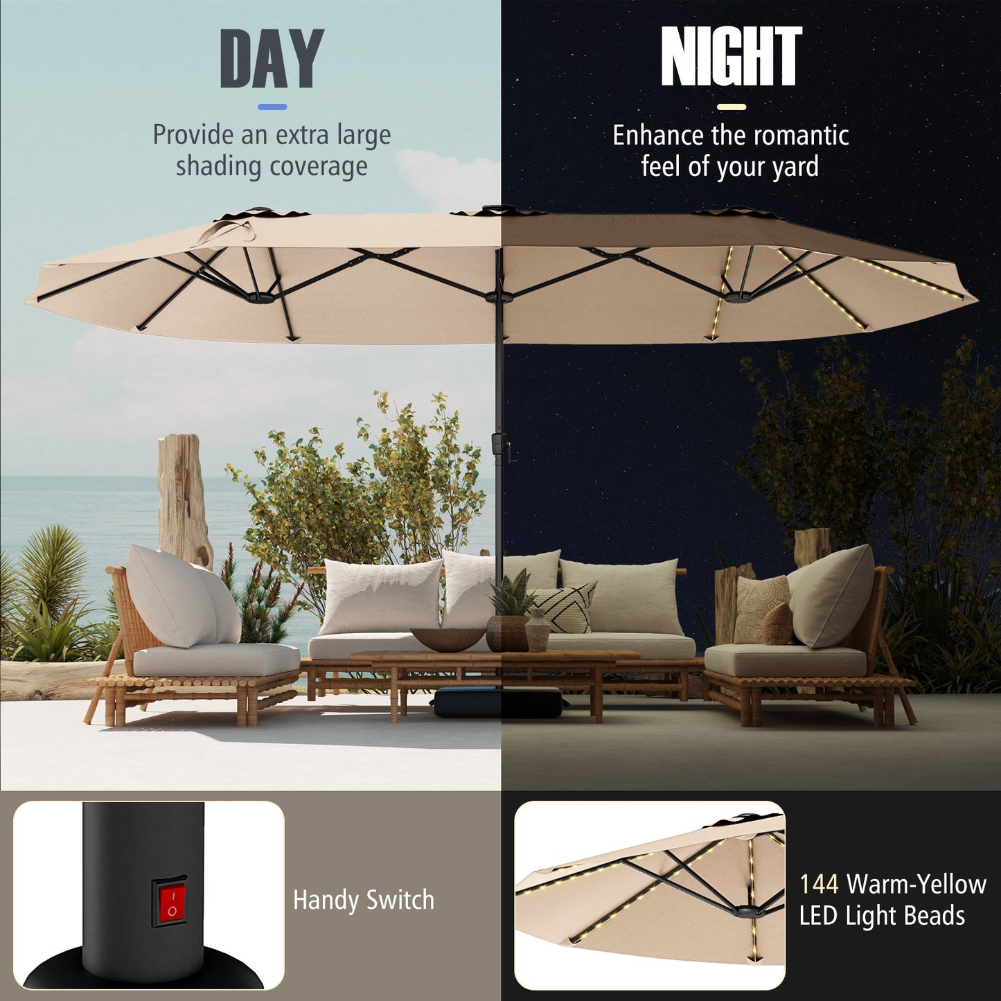 15.5 FT Extra-Large Patio Umbrella with LED Solar Lights and Crank Handle-Beige Kids Crystal