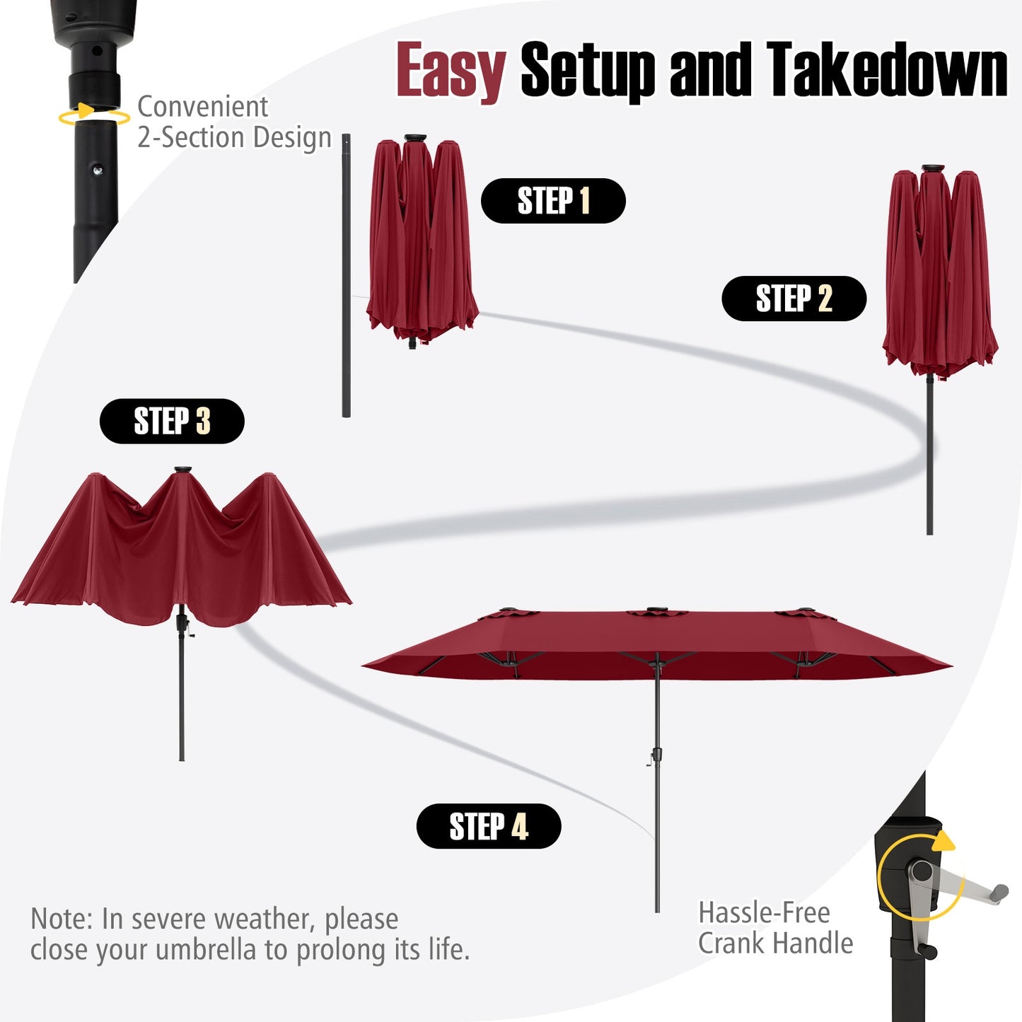 15.5 FT Extra-Large Patio Umbrella with LED Solar Lights and Crank Handle-Red Kids Crystal