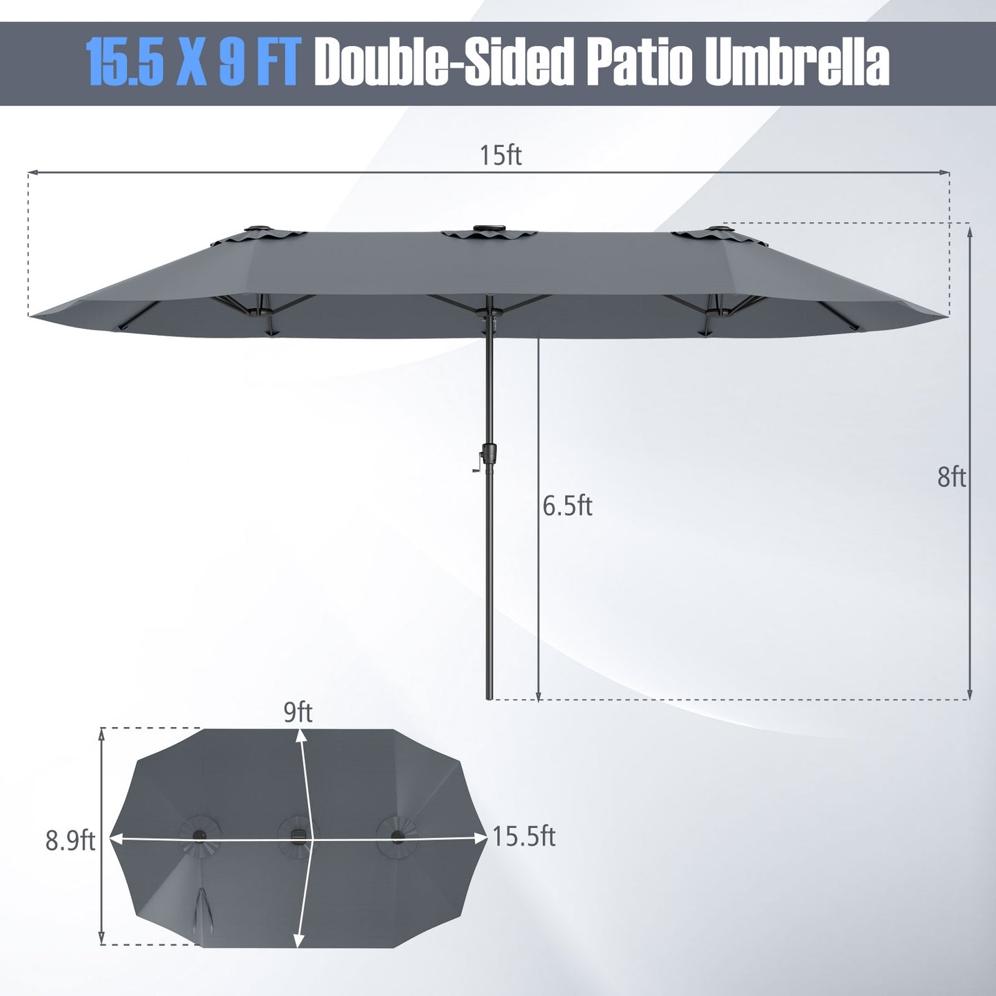 15.5 FT Extra-Large Patio Umbrella with LED Solar Lights and Crank Handle-Gray Kids Crystal
