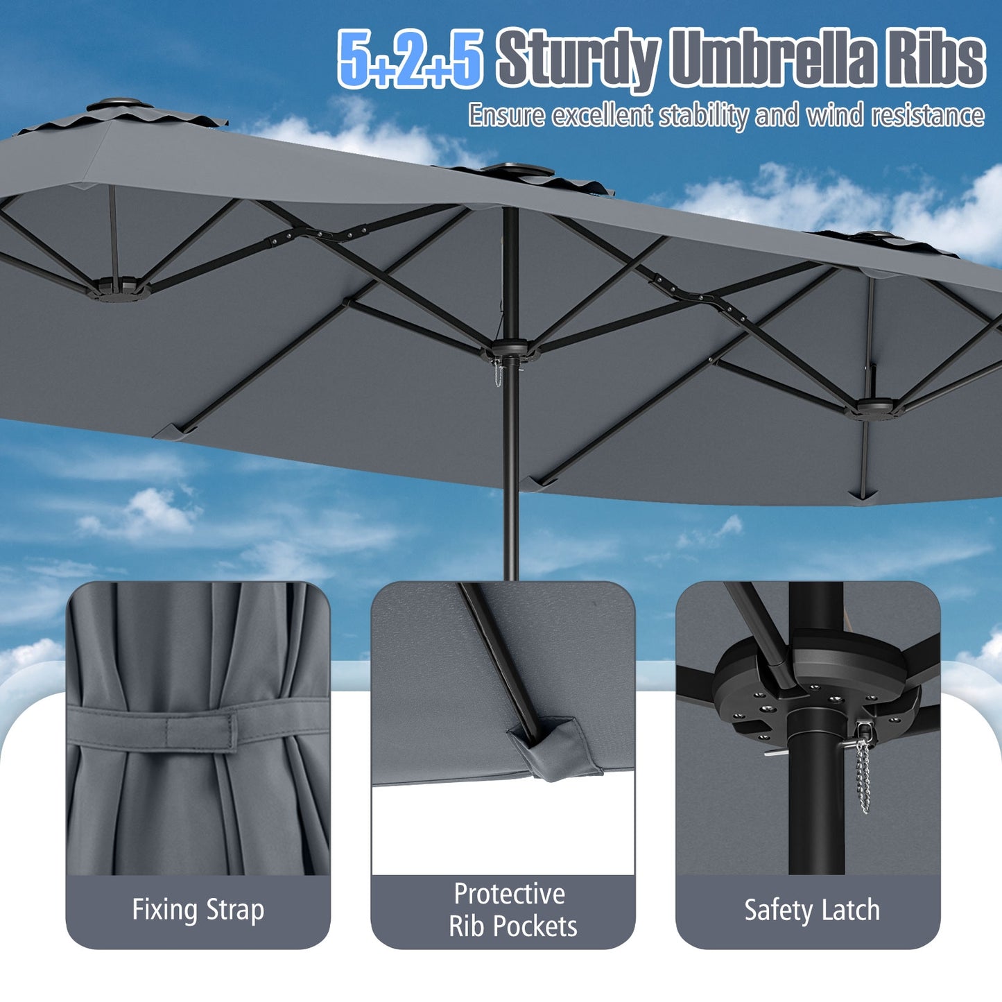 15.5 FT Extra-Large Patio Umbrella with LED Solar Lights and Crank Handle-Gray Kids Crystal