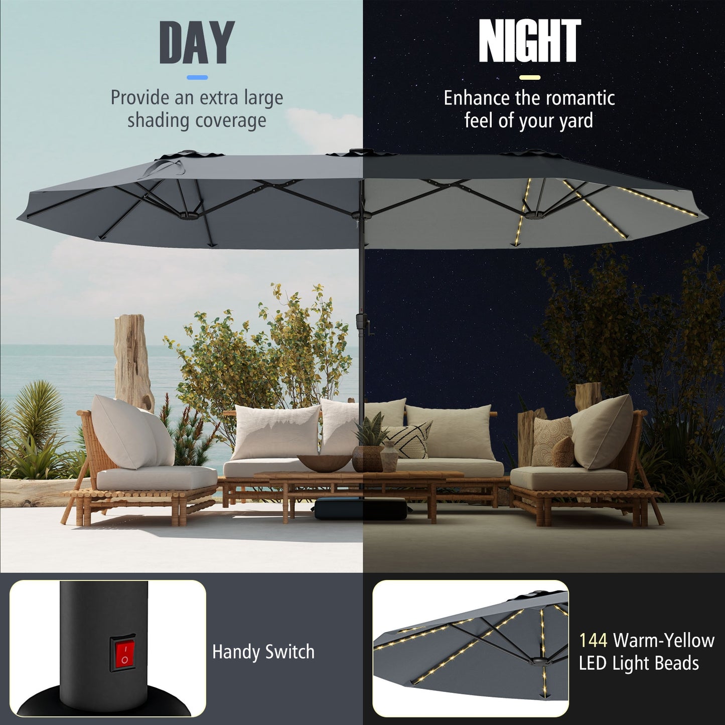 15.5 FT Extra-Large Patio Umbrella with LED Solar Lights and Crank Handle-Gray Kids Crystal