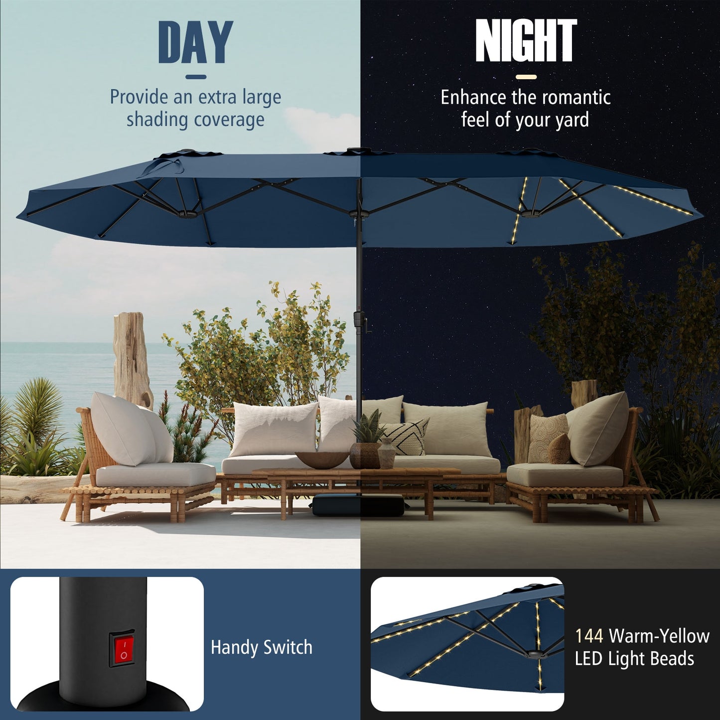 15.5 FT Extra-Large Patio Umbrella with LED Solar Lights and Crank Handle-Navy Kids Crystal