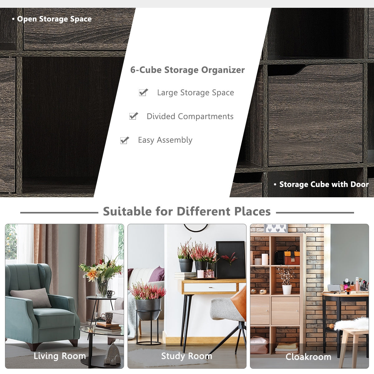9-Cube Wooden Freestanding Bookcase for Home and Office-Gray