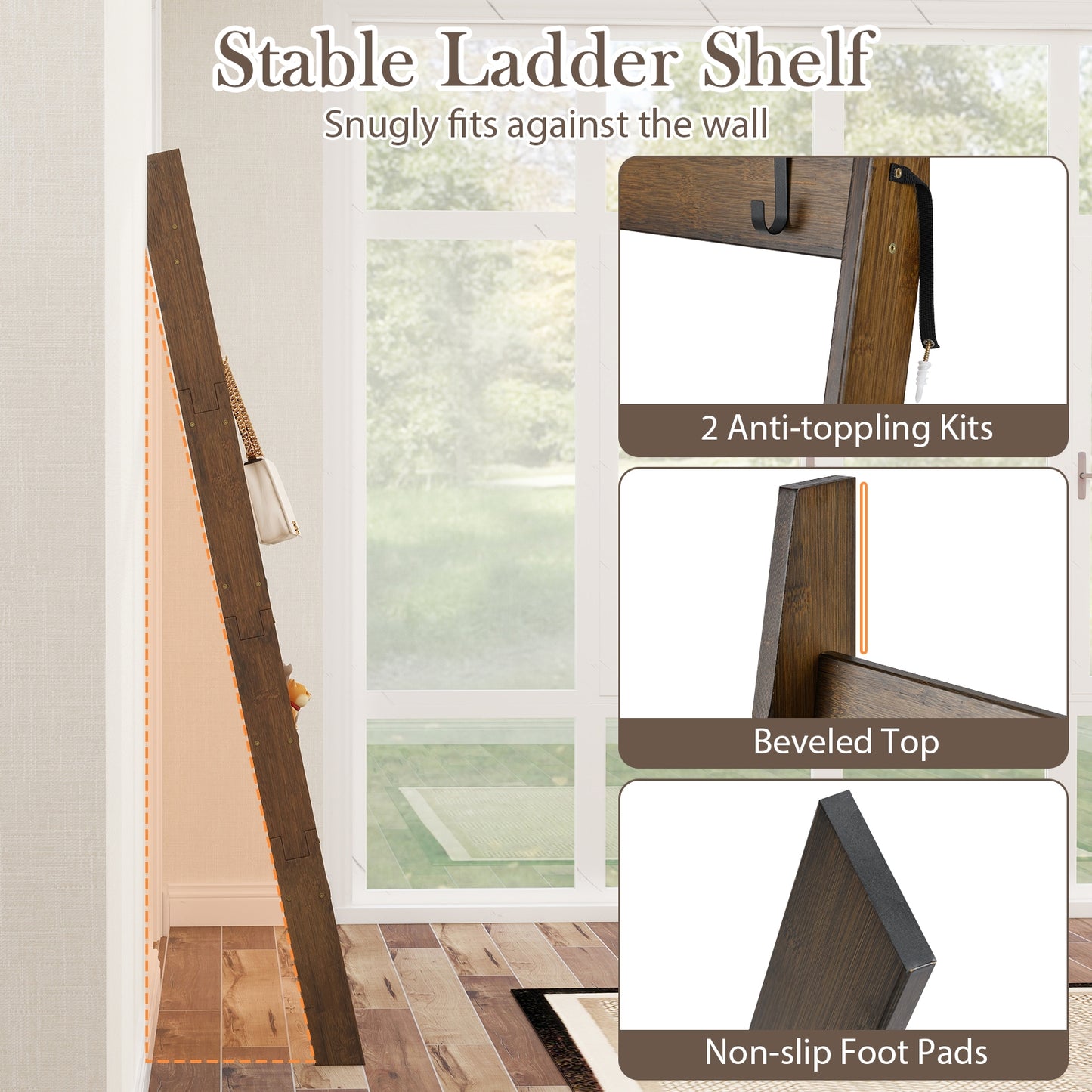 5-Tier Bamboo Ladder Bookshelf with 4 Removable Hooks-Brown
