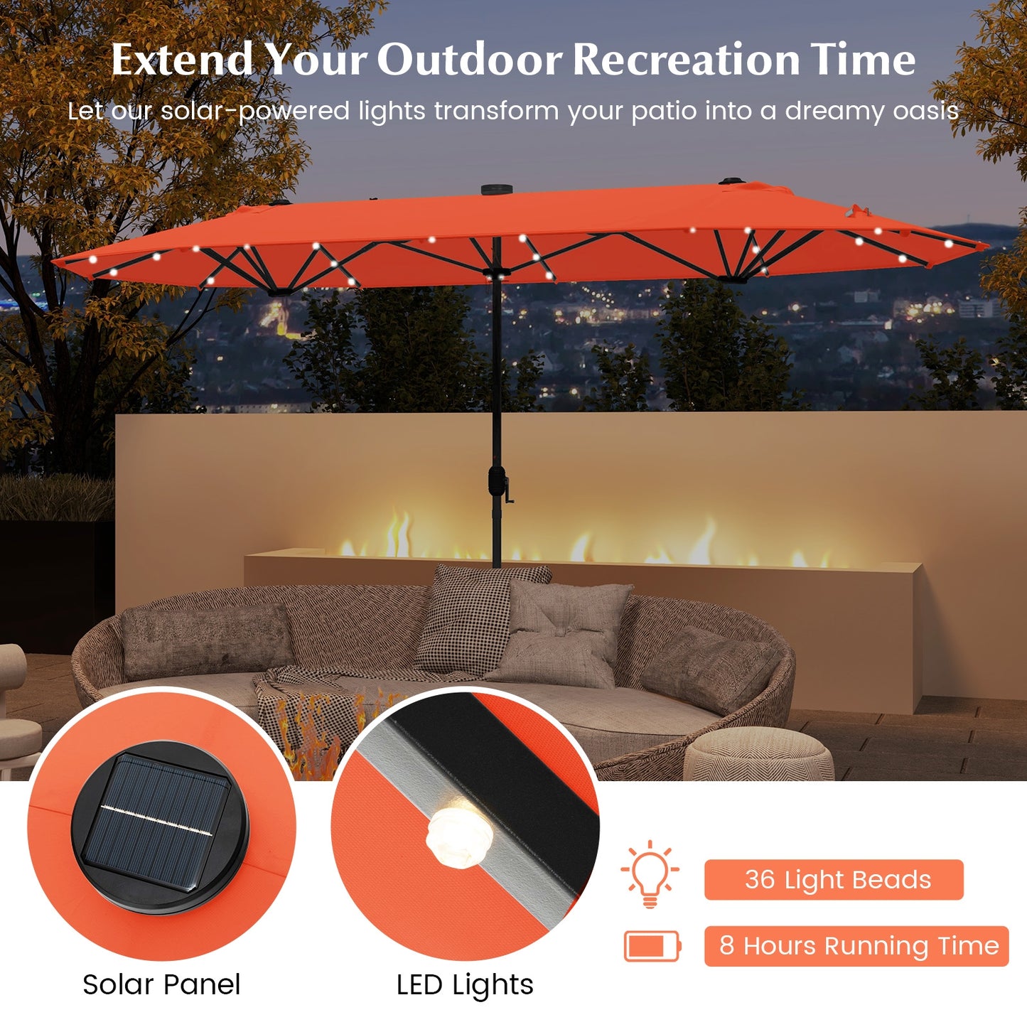 13FT Double-sided Patio Umbrella with Solar Lights for Garden Pool Backyard-Orange Kids Crystal