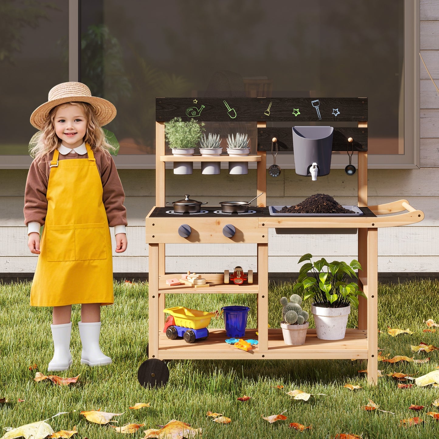Outdoor Fir Wood Play Kitchen with Blackboard and Planting Pots-Natural Kids Crystal