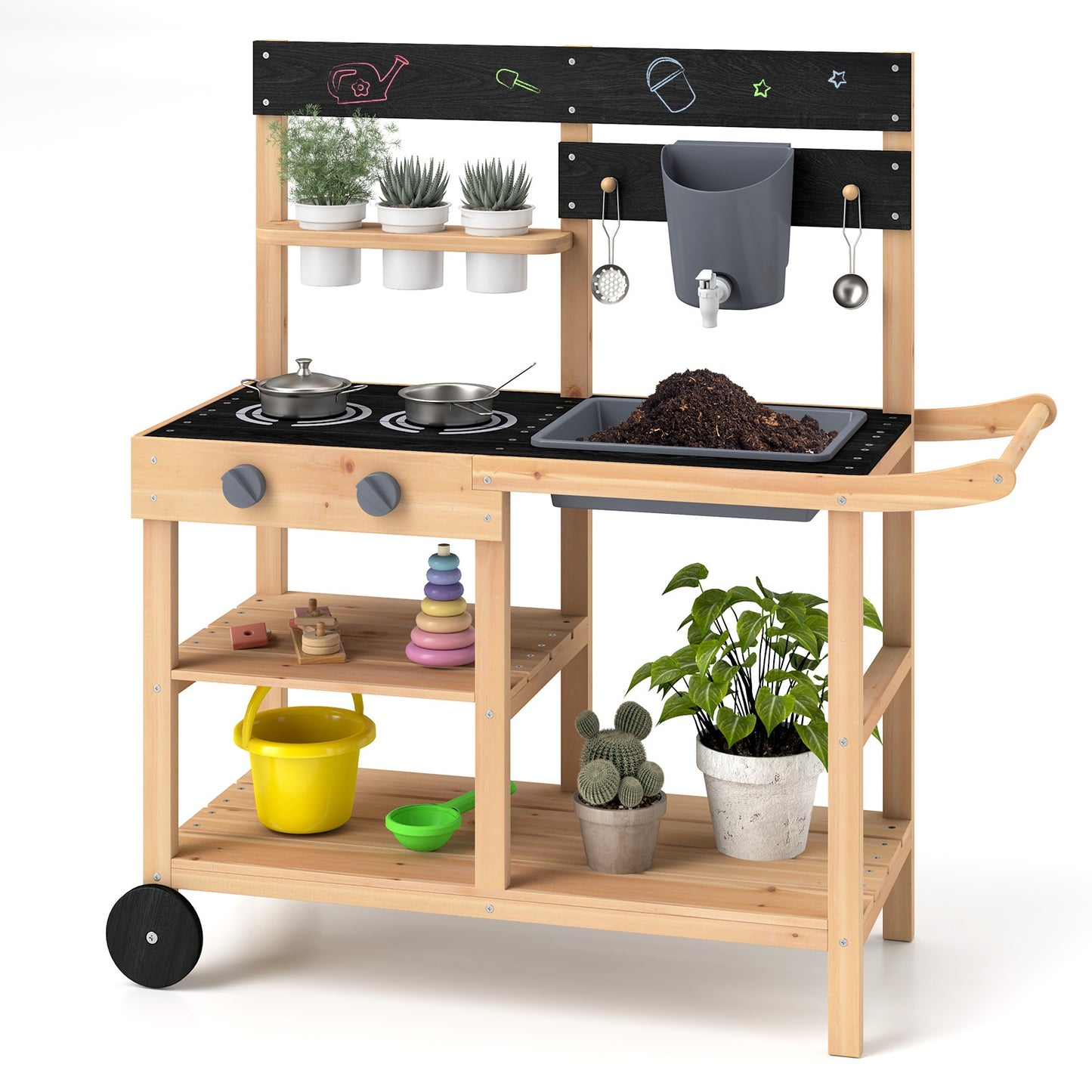 Outdoor Fir Wood Play Kitchen with Blackboard and Planting Pots-Natural Kids Crystal