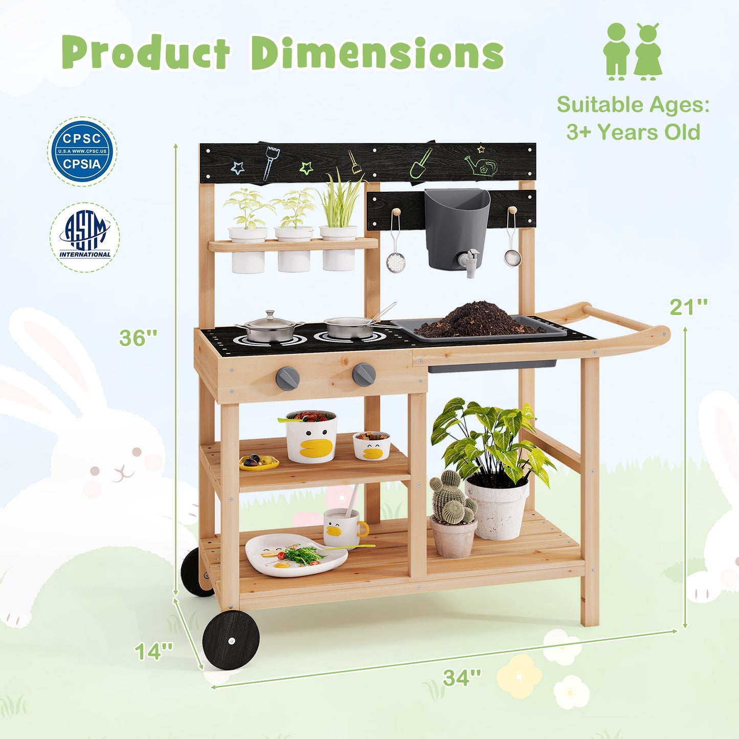 Outdoor Fir Wood Play Kitchen with Blackboard and Planting Pots-Natural Kids Crystal