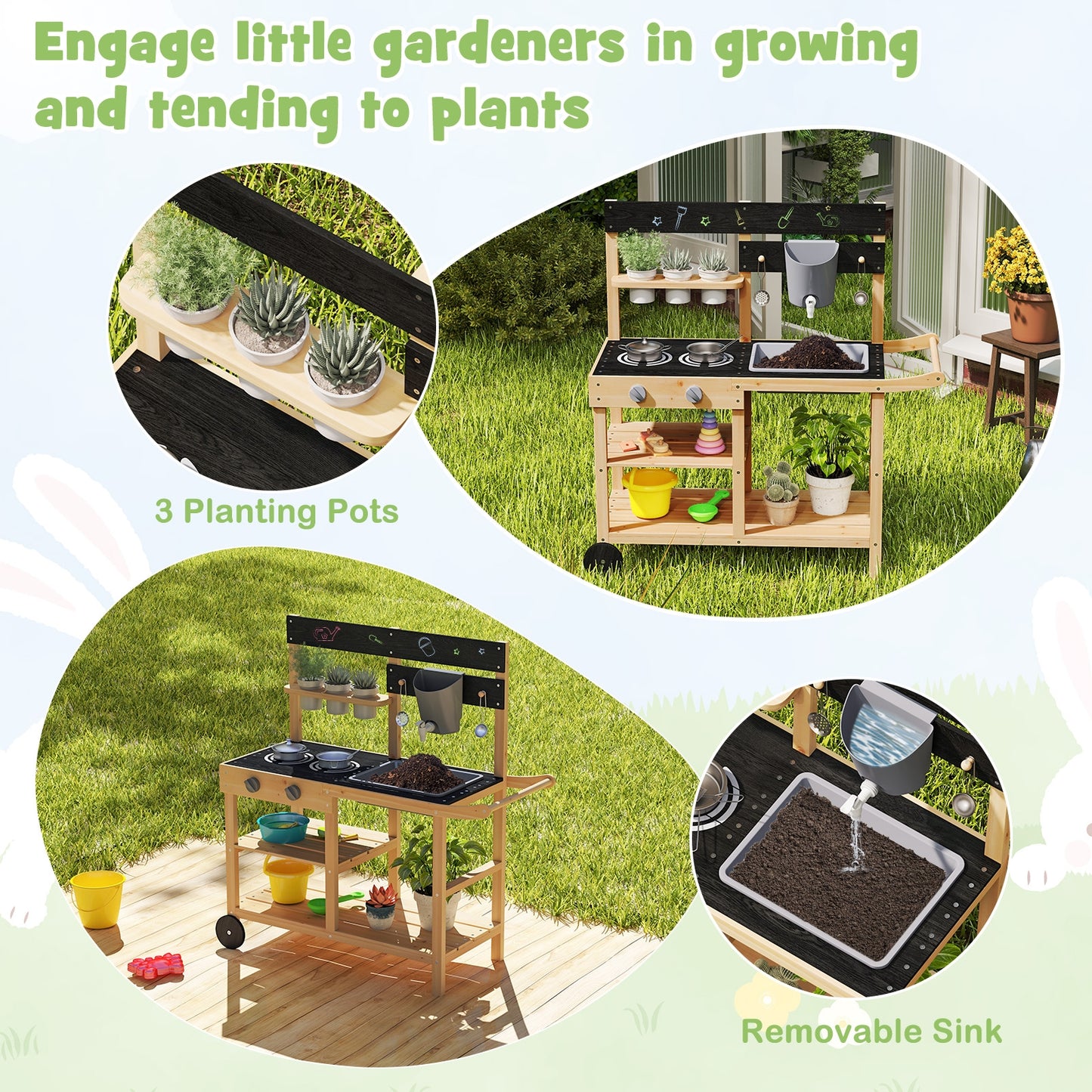 Outdoor Fir Wood Play Kitchen with Blackboard and Planting Pots-Natural Kids Crystal
