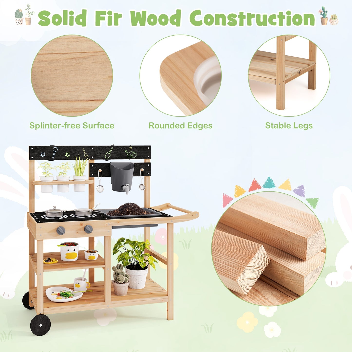 Outdoor Fir Wood Play Kitchen with Blackboard and Planting Pots-Natural Kids Crystal