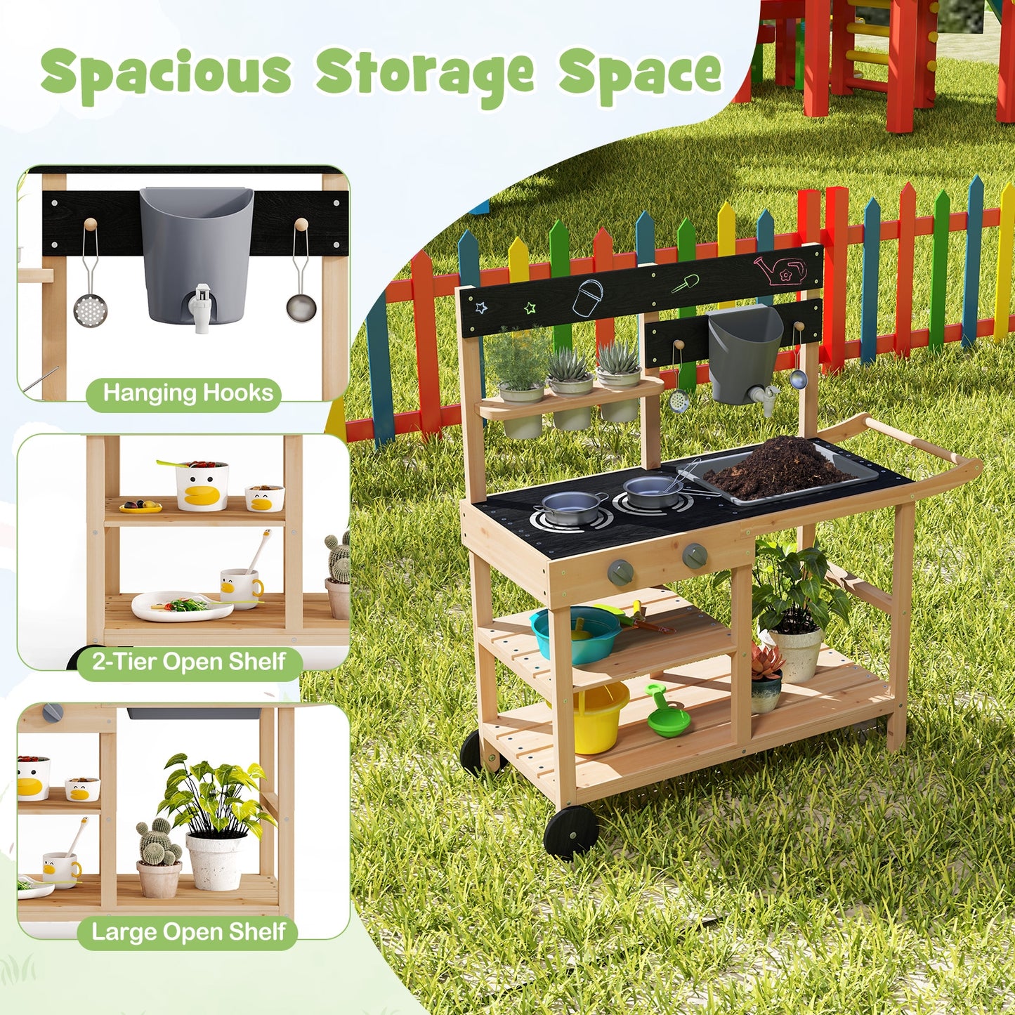 Outdoor Fir Wood Play Kitchen with Blackboard and Planting Pots-Natural Kids Crystal