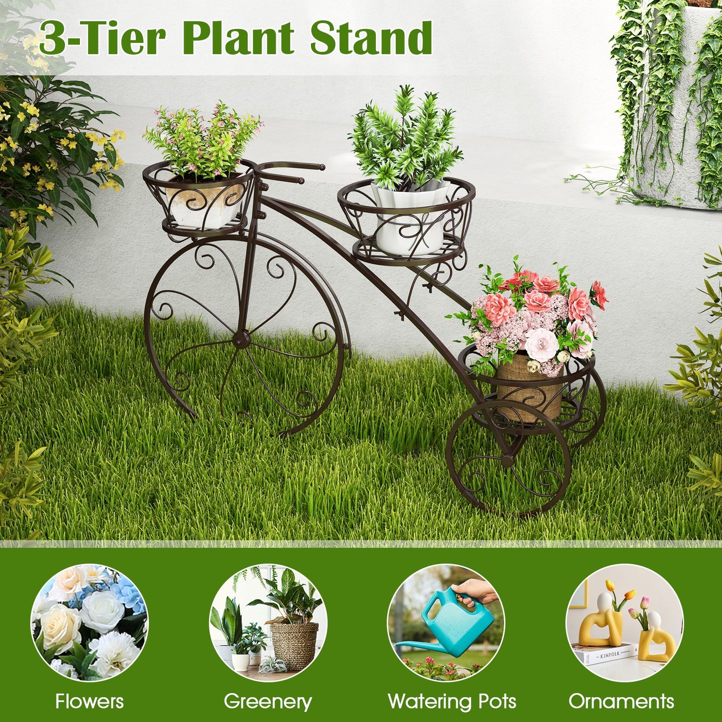 Tricycle Plant Stand Flower Pot Cart Holder with 3 Hollowed Baskets-Bronze Kids Crystal