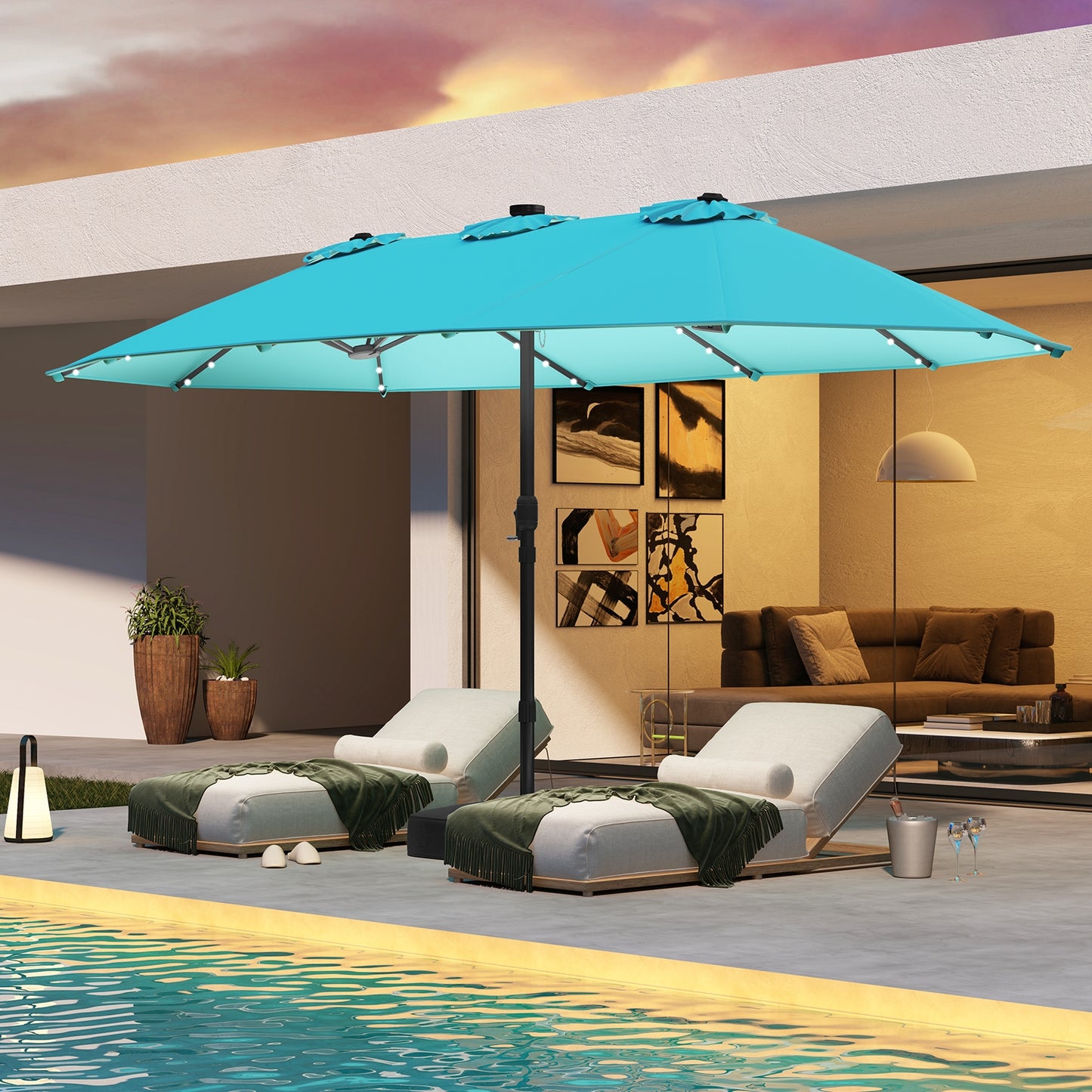15 Feet Double-Sided Patio Umbrella with 48 LED Lights-Turquoise Kids Crystal