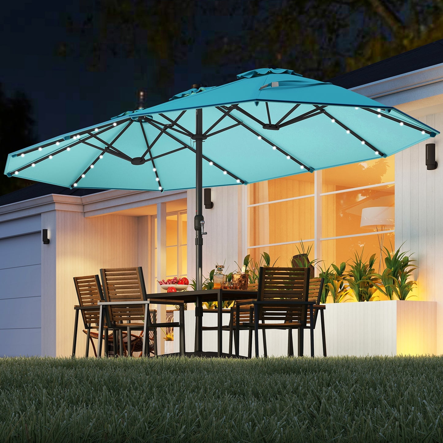 15 Feet Double-Sided Patio Umbrella with 48 LED Lights-Turquoise Kids Crystal