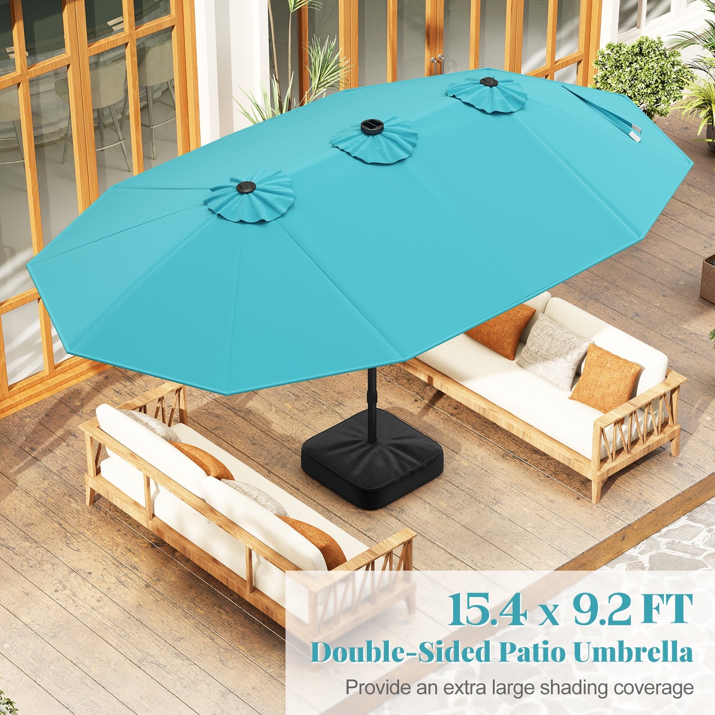 15 Feet Double-Sided Patio Umbrella with 48 LED Lights-Turquoise Kids Crystal
