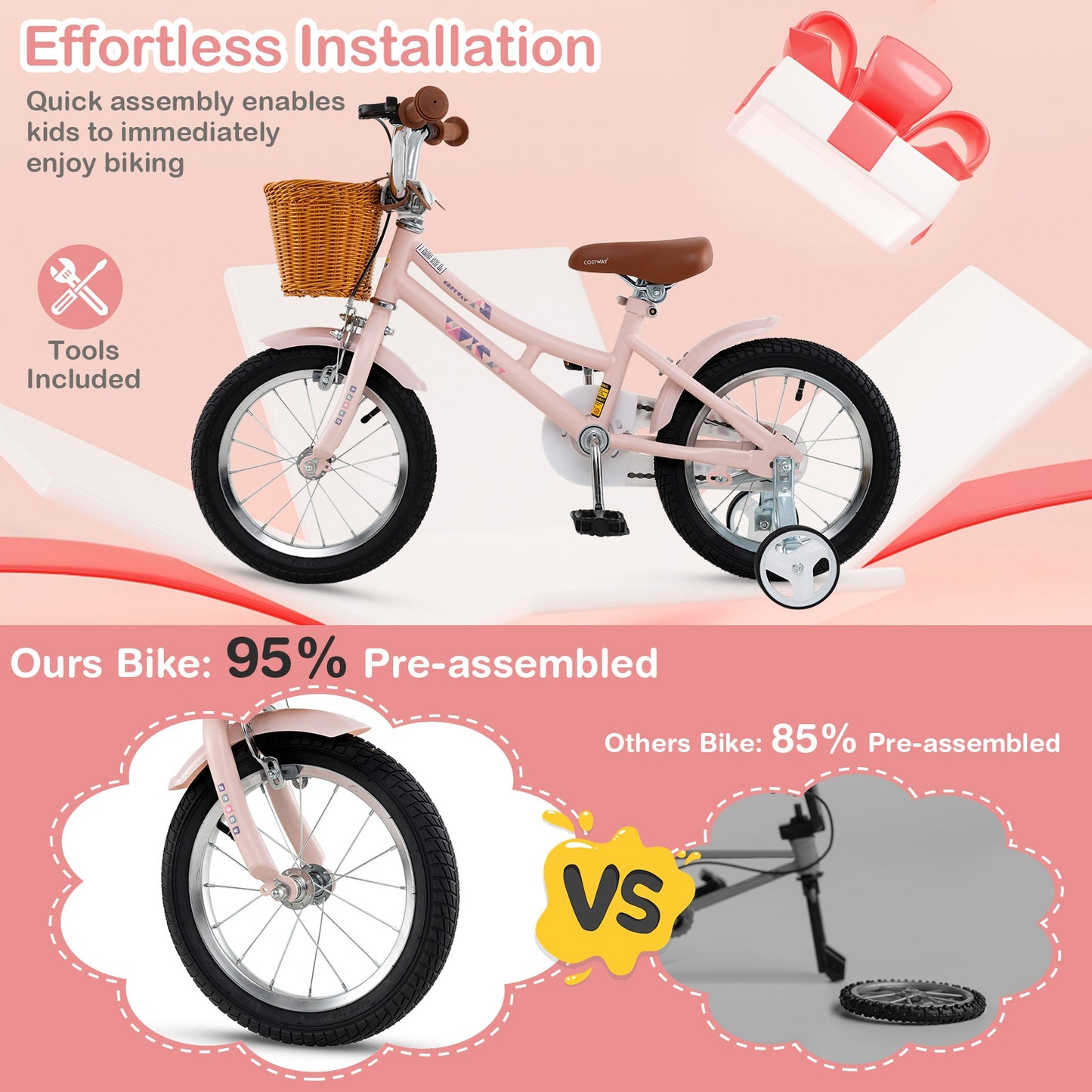 14 Inch Kids Bike Retro Bicycle with Adjustable Height and Basket for Ages 3-5 Years Old Kids Crystal